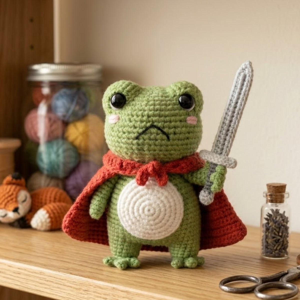 Crochet Warrior Frog Plush With Sword and Red Cape, Cute Amigurumi Frog Stuffed Animal, Kawaii Fantasy Gift, 4-12 Inch Handmade Toy For Kids