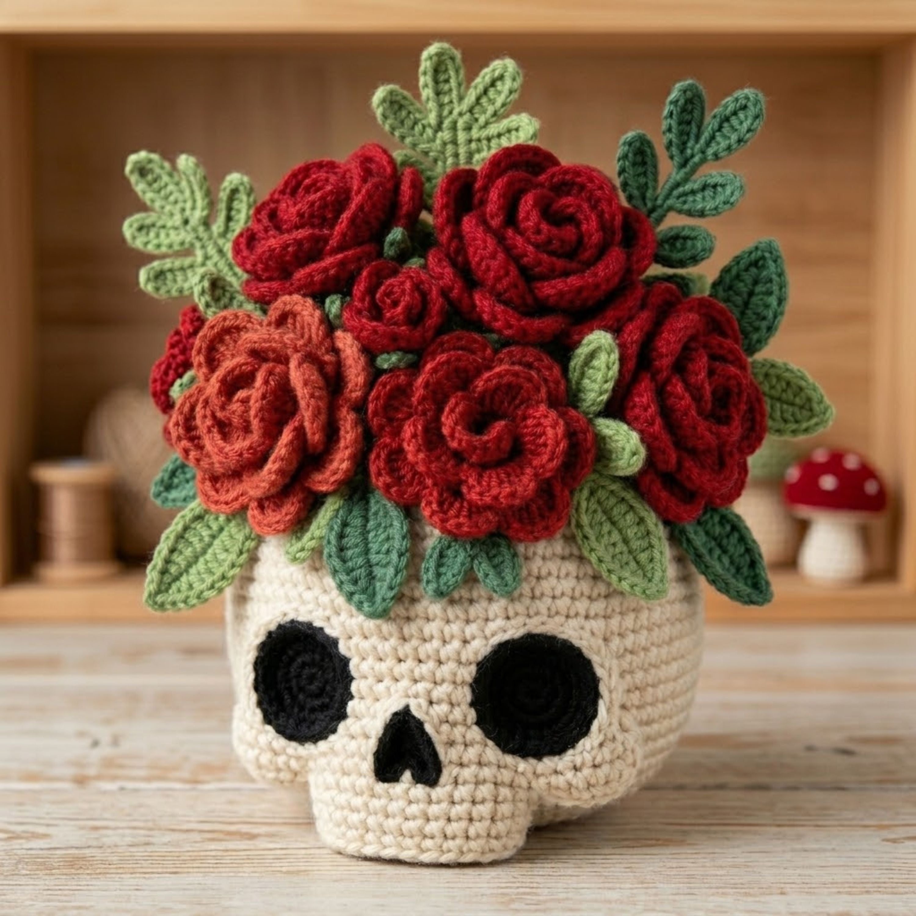 Crochet Skull Flower Vase, Rose Bouquet Amigurumi Decor, Gothic Floral Plush, Halloween Day of the Dead Gift, Handmade Style Decor 6-14 Inch