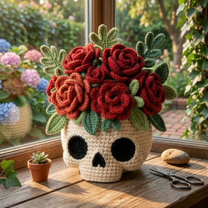 Crochet Skull Flower Vase, Rose Bouquet Amigurumi Decor, Gothic Floral Plush, Halloween Day of the Dead Gift, Handmade Style Decor 6-14 Inch