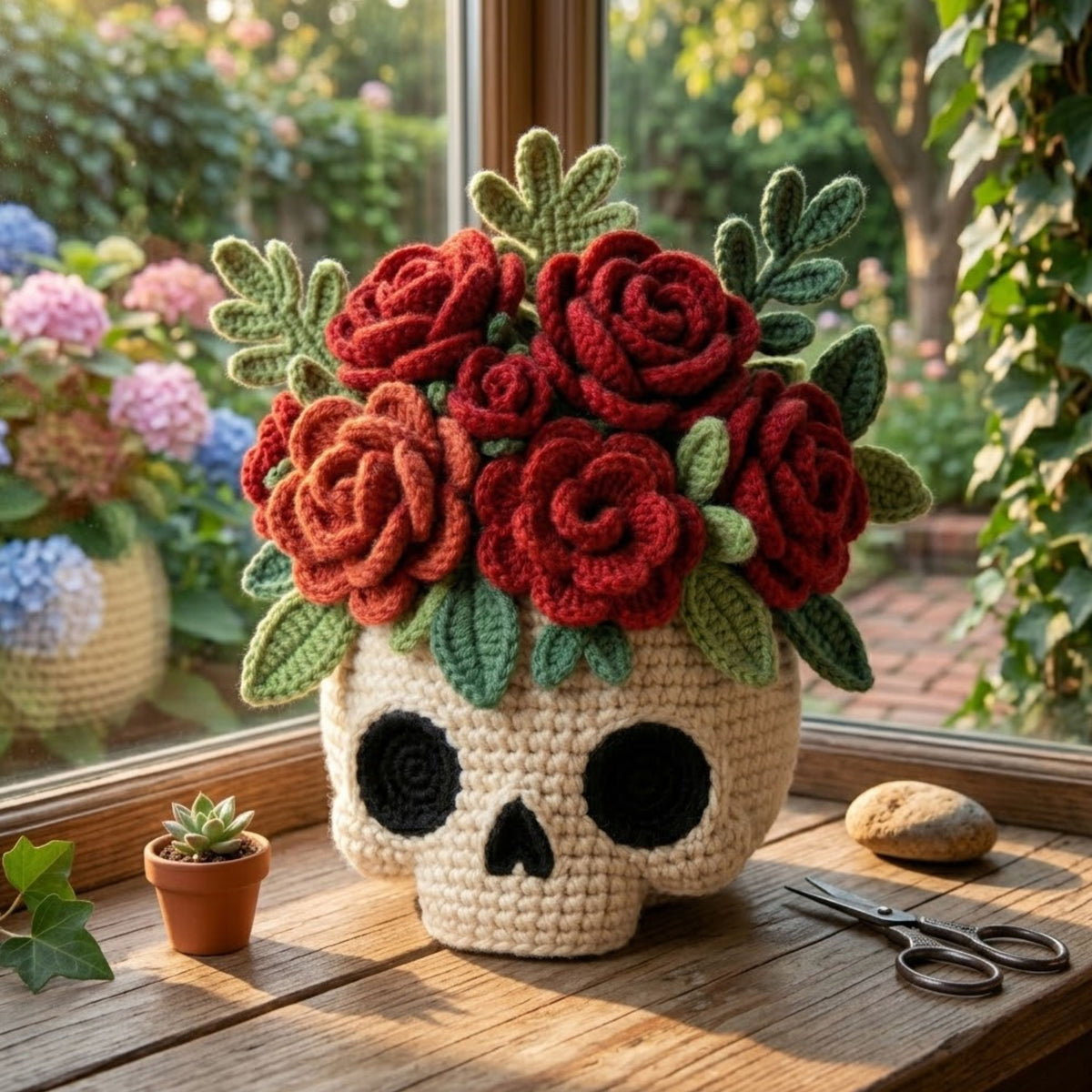 Crochet Skull Flower Vase, Rose Bouquet Amigurumi Decor, Gothic Floral Plush, Halloween Day of the Dead Gift, Handmade Style Decor 6-14 Inch