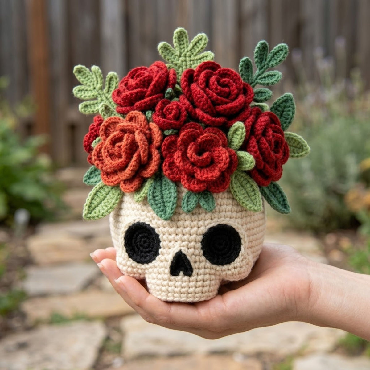 Crochet Skull Flower Vase, Rose Bouquet Amigurumi Decor, Gothic Floral Plush, Halloween Day of the Dead Gift, Handmade Style Decor 6-14 Inch