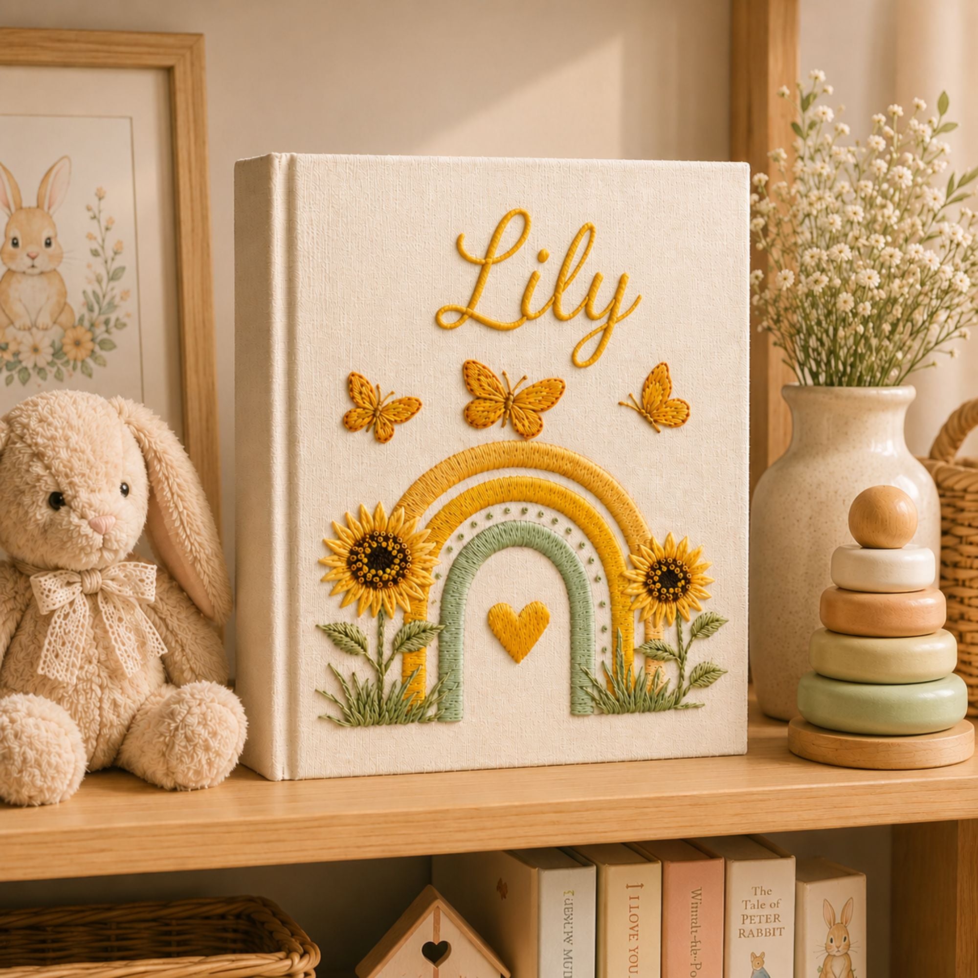 Custom Hand Embroidered Keepsake Baby Album, Custom Butterfly Sunflower Rainbow Keepsake Baby Book, Baby Scrapbook, Baby Shower Gift