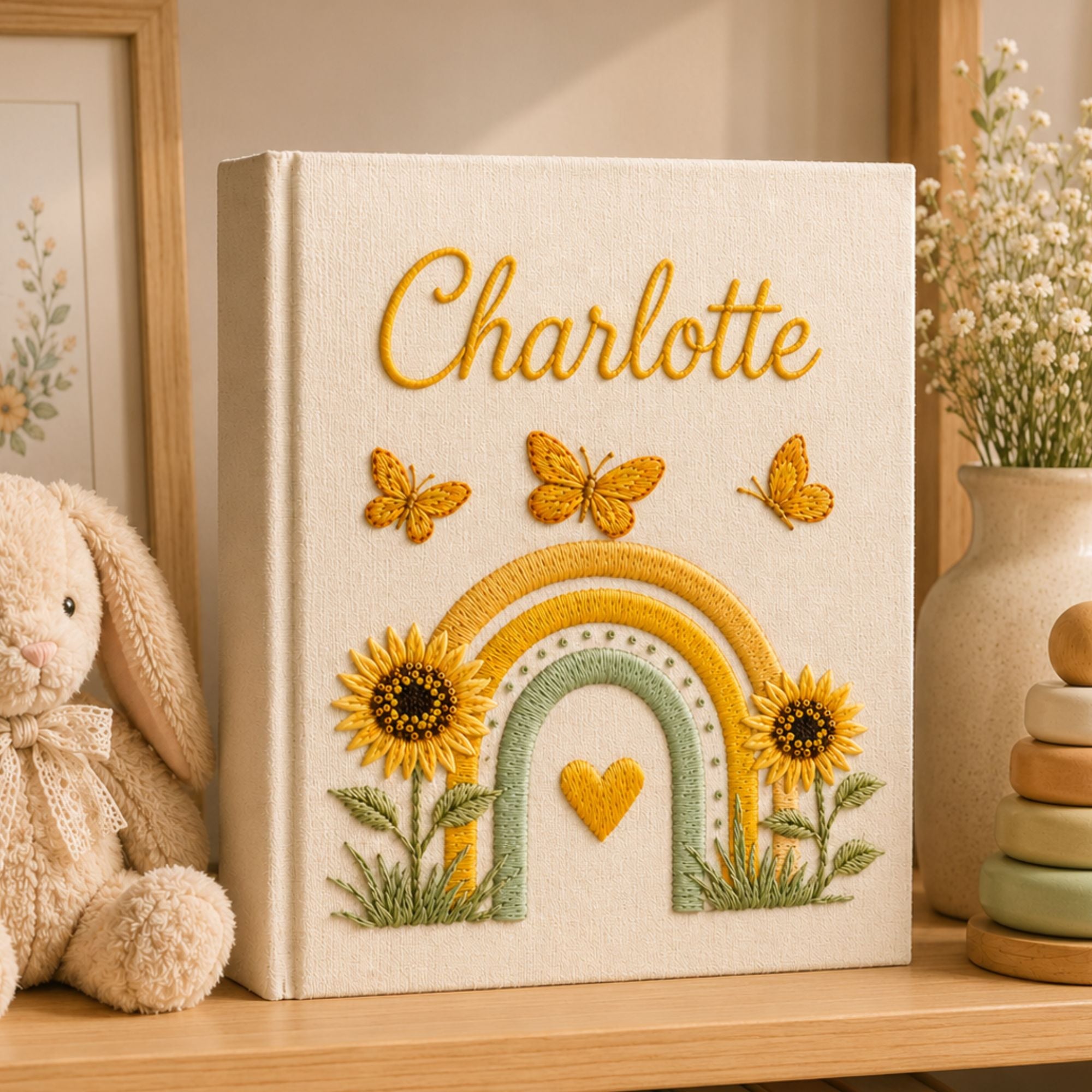 Custom Hand Embroidered Keepsake Baby Album, Custom Butterfly Sunflower Rainbow Keepsake Baby Book, Baby Scrapbook, Baby Shower Gift