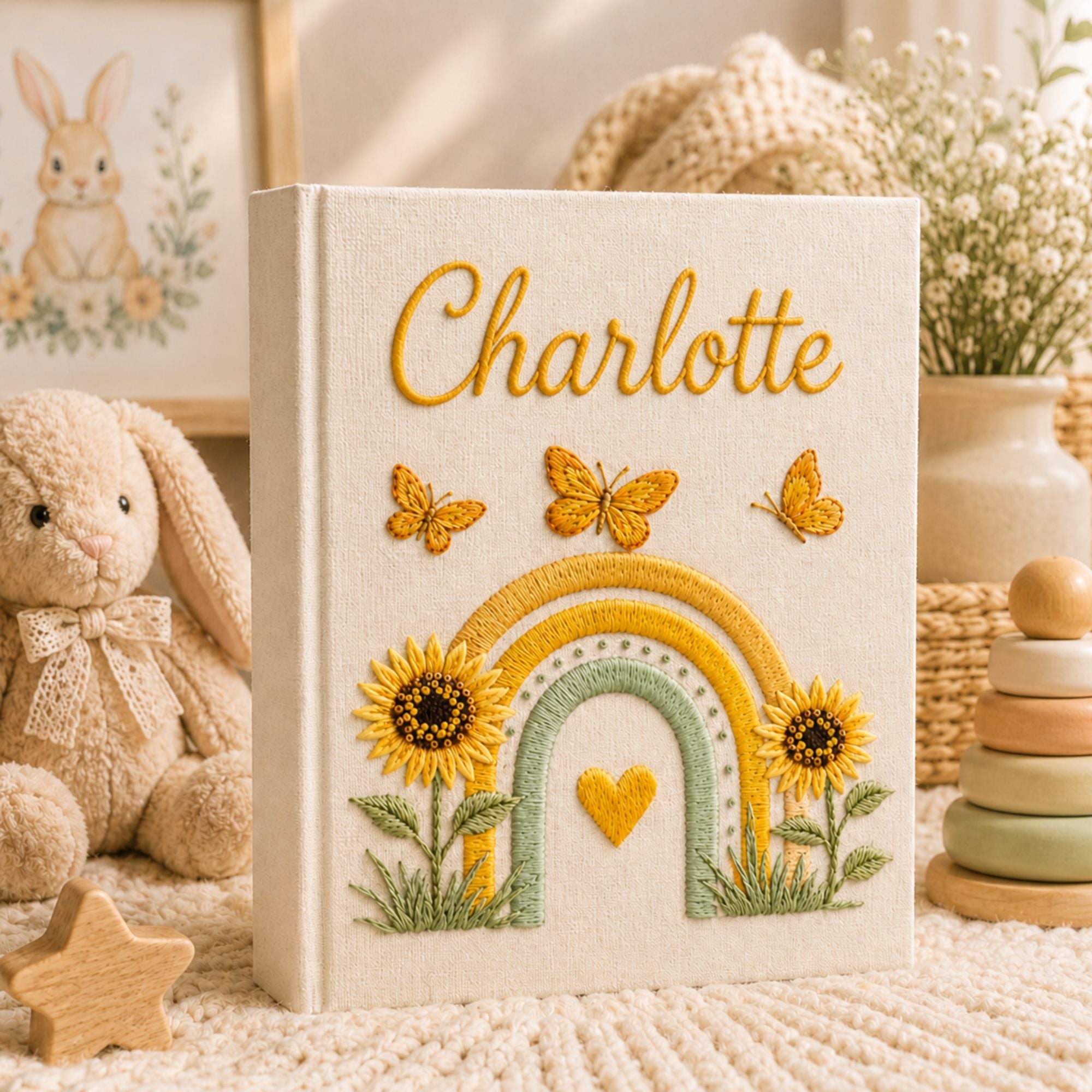 Custom Hand Embroidered Keepsake Baby Album, Custom Butterfly Sunflower Rainbow Keepsake Baby Book, Baby Scrapbook, Baby Shower Gift