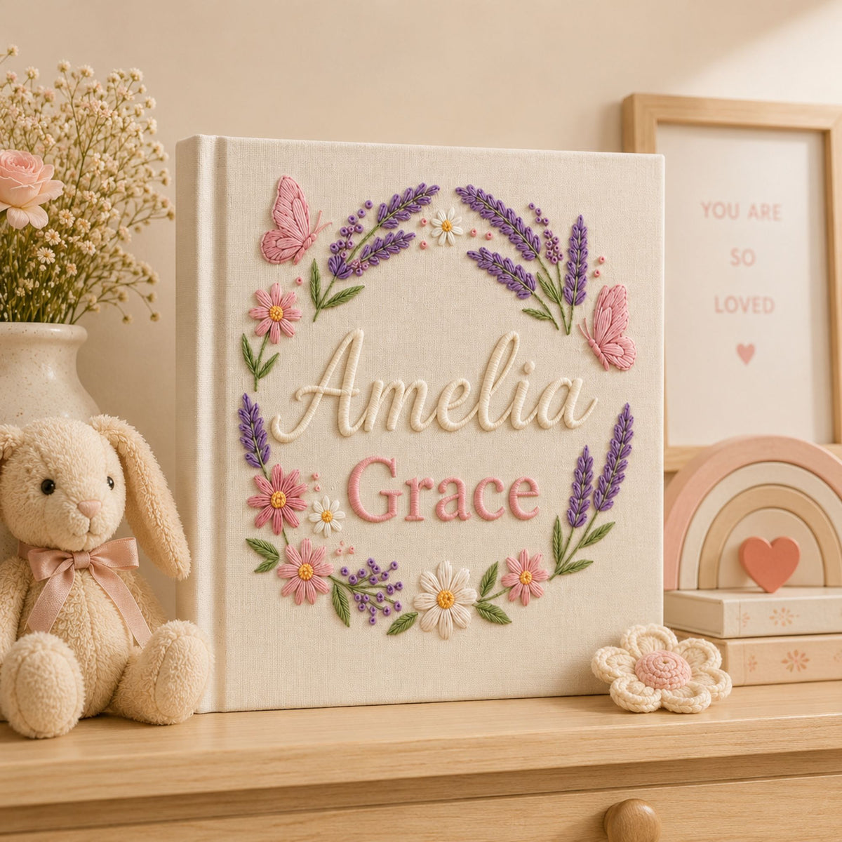 Custom Embroidered Wildflower Baby Photo Album, Custom Name Floral Butterfly Nursery Memory Book, Baby Shower Gift for Girls