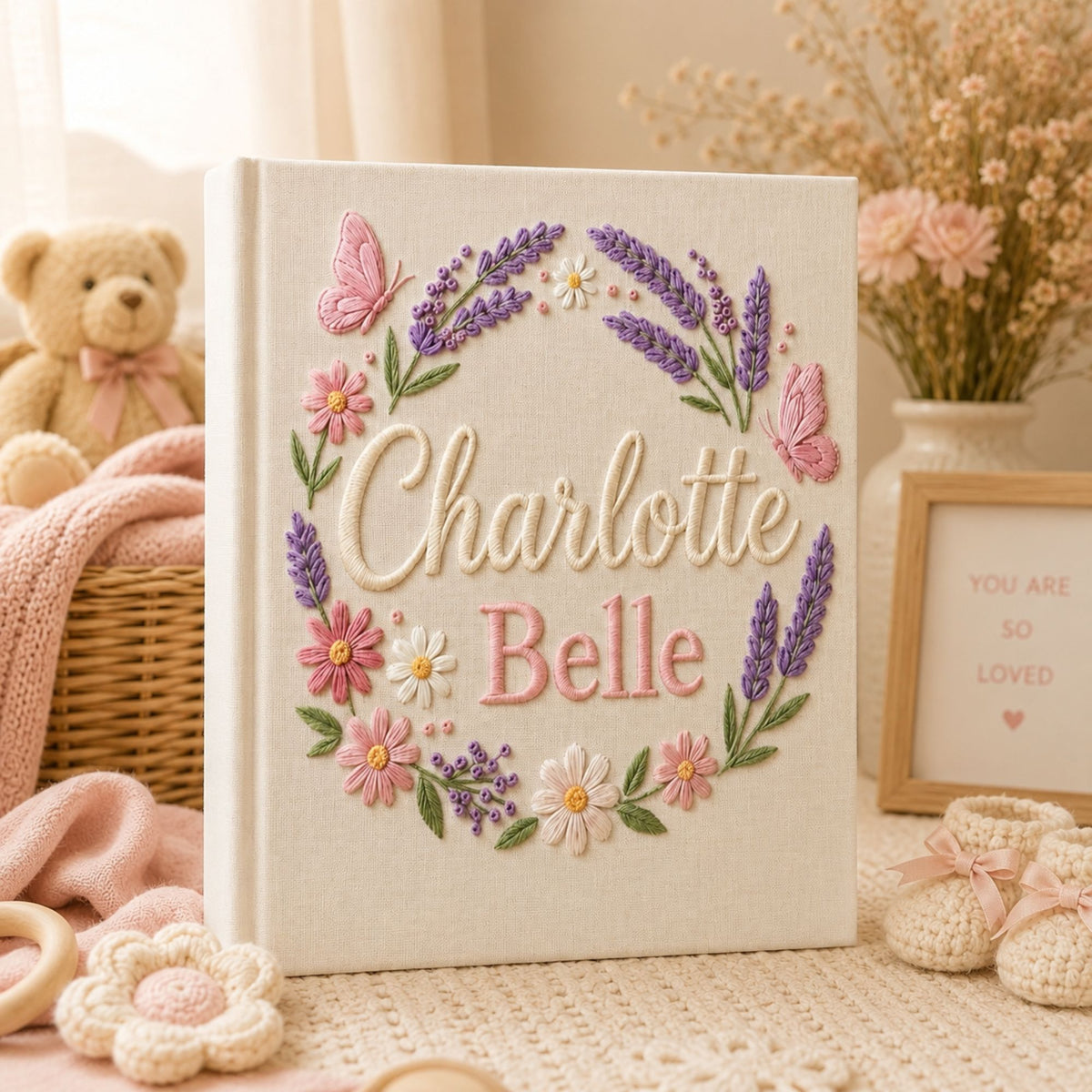 Custom Embroidered Wildflower Baby Photo Album, Custom Name Floral Butterfly Nursery Memory Book, Baby Shower Gift for Girls