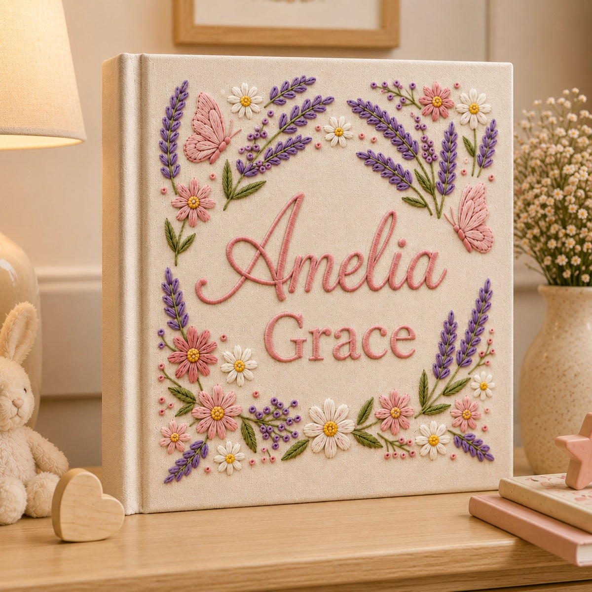 Custom Embroidered Wildflower Baby Photo Album, Custom Name Floral Butterfly Nursery Memory Book, Baby Shower Gift for Girls