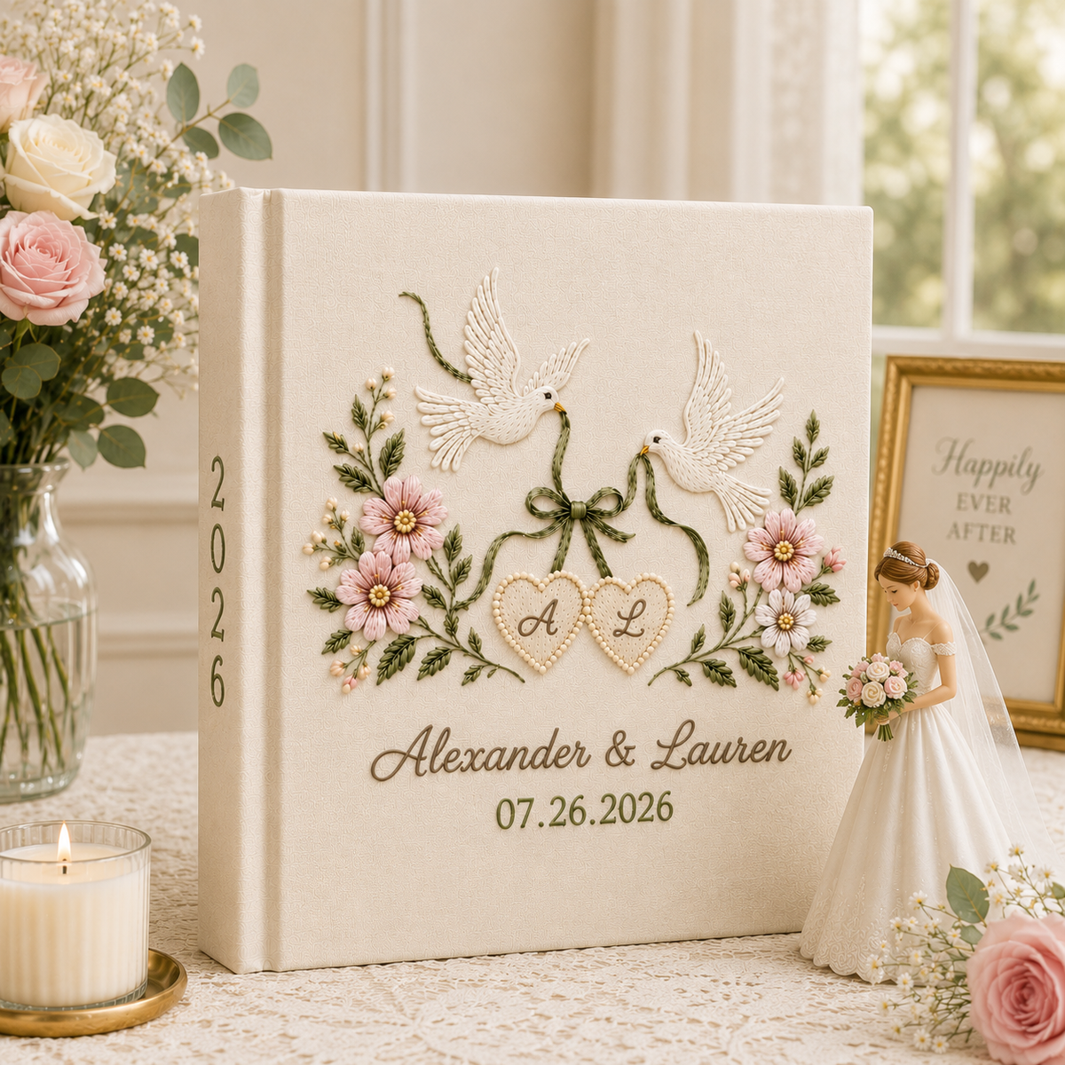 Custom Hand Embroidered Linen Wedding Photo Album, Love Birds Heart Wedding Memory Book, Linen Love Birds Wedding Book, Bridal Shower Gift