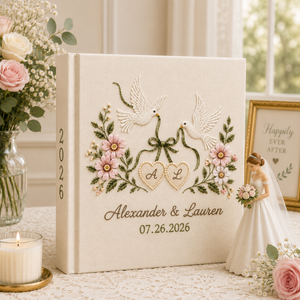 Custom Hand Embroidered Linen Wedding Photo Album, Love Birds Heart Wedding Memory Book, Linen Love Birds Wedding Book, Bridal Shower Gift