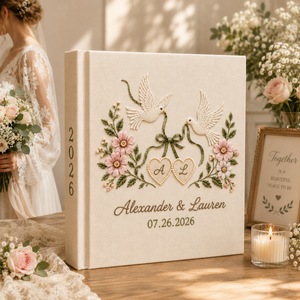 Custom Hand Embroidered Linen Wedding Photo Album, Love Birds Heart Wedding Memory Book, Linen Love Birds Wedding Book, Bridal Shower Gift