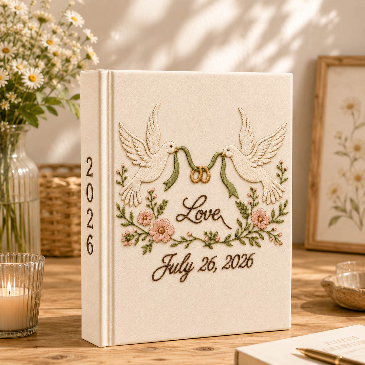 Custom Hand Embroidered Linen Wedding Photo Album, Love Birds Heart Wedding Memory Book, Linen Love Birds Wedding Book, Bridal Shower Gift