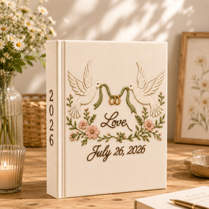 Custom Hand Embroidered Linen Wedding Photo Album, Love Birds Heart Wedding Memory Book, Linen Love Birds Wedding Book, Bridal Shower Gift