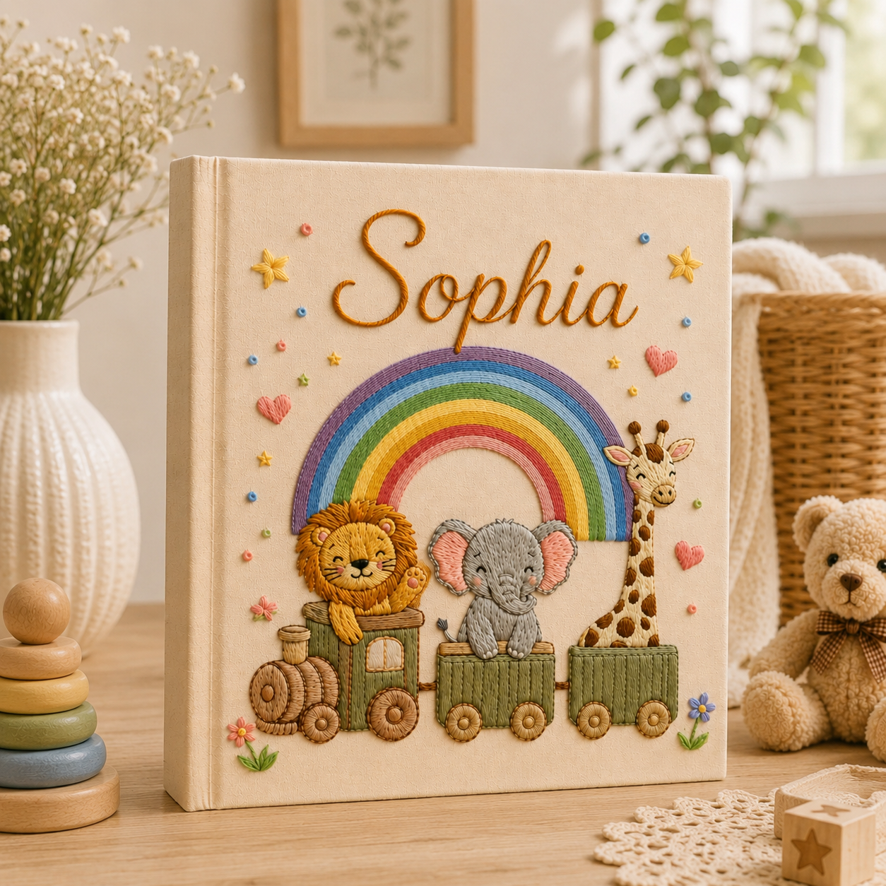 Custom Hand Embroidered Safari Baby Photo Album, Personalized Rainbow Animal Memory Book, Lion Elephant Giraffe Baby Book, Newborn Gift
