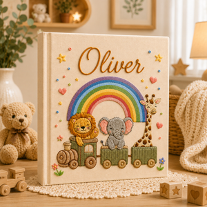 Custom Hand Embroidered Safari Baby Photo Album, Personalized Rainbow Animal Memory Book, Lion Elephant Giraffe Baby Book, Newborn Gift