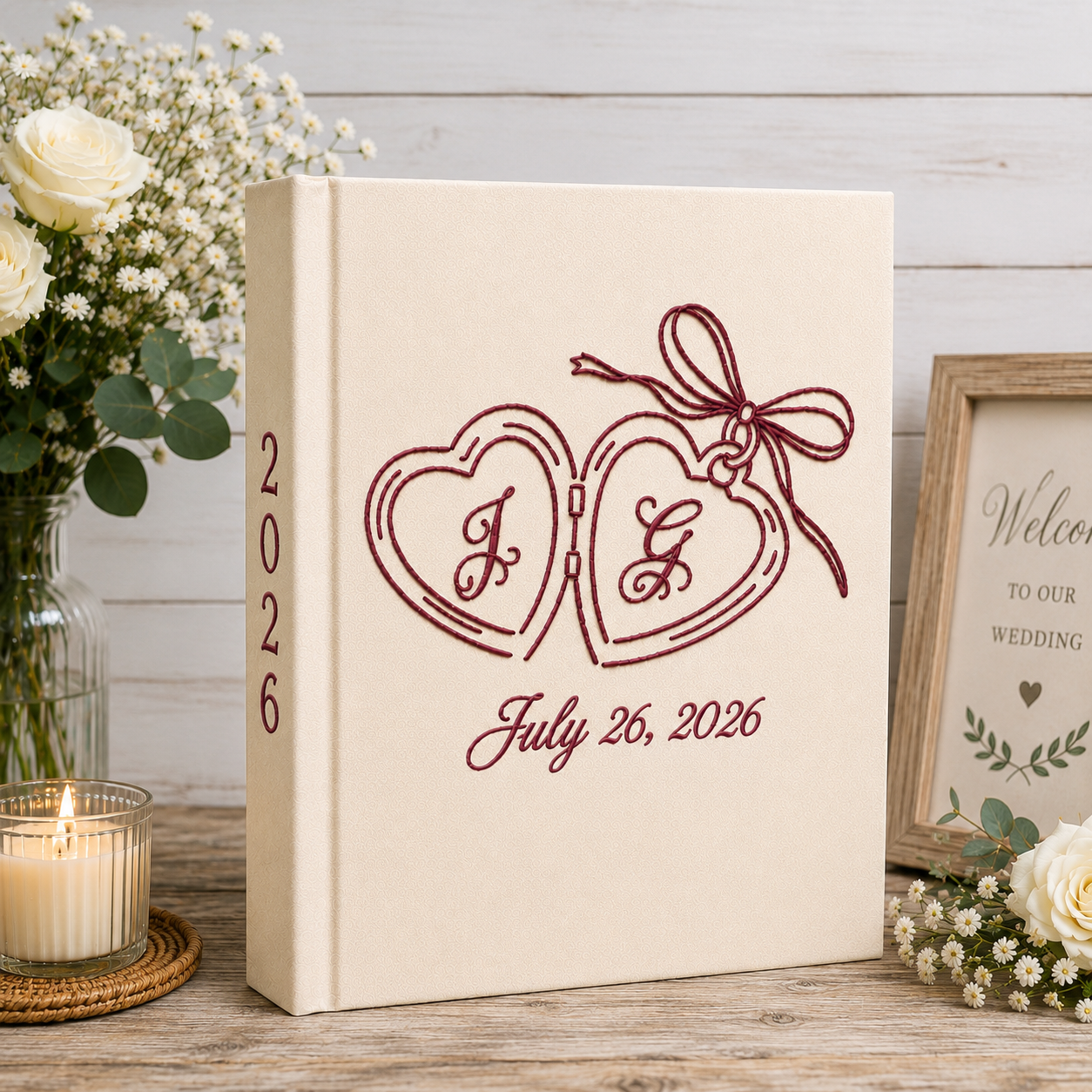 Custom Hand Embroidered Wedding Photo Album, Embroidered Love Birds Wedding Guest Book, Linen Heart Lock Wedding Book, Bridal Shower Gift