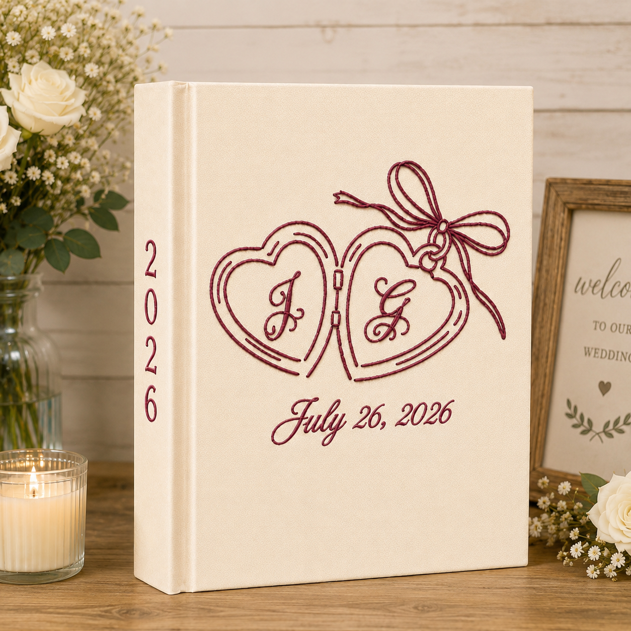 Custom Hand Embroidered Wedding Photo Album, Embroidered Love Birds Wedding Guest Book, Linen Heart Lock Wedding Book, Bridal Shower Gift