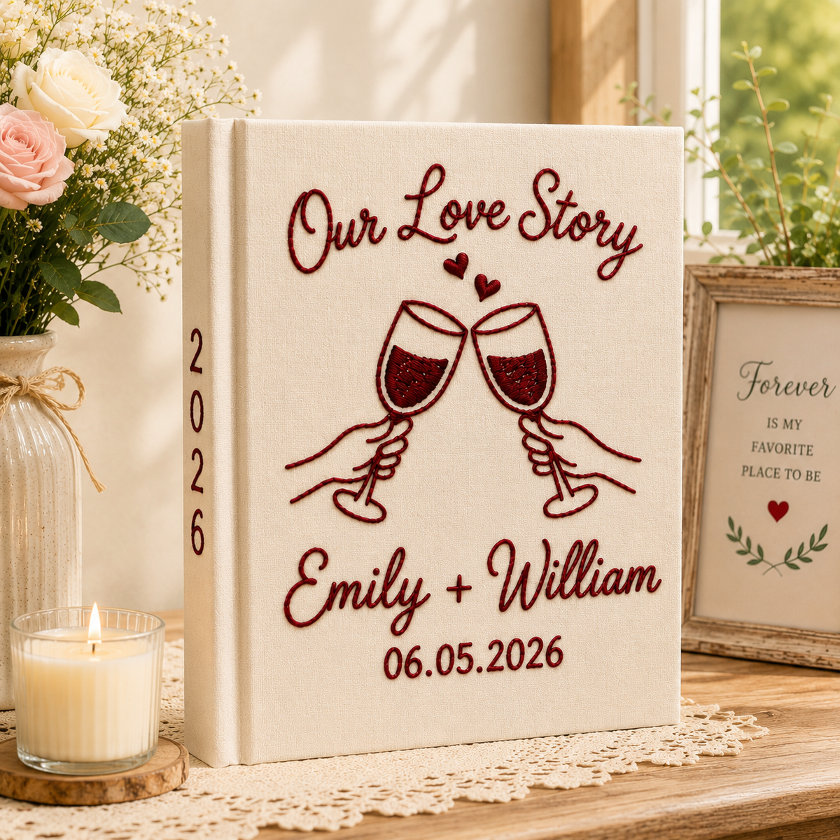 Custom Embroidered Floral Wedding Photo Album, Linen Floral Initials Wedding Guest Book, Rustic Wedding Book, Bridal Shower Gift