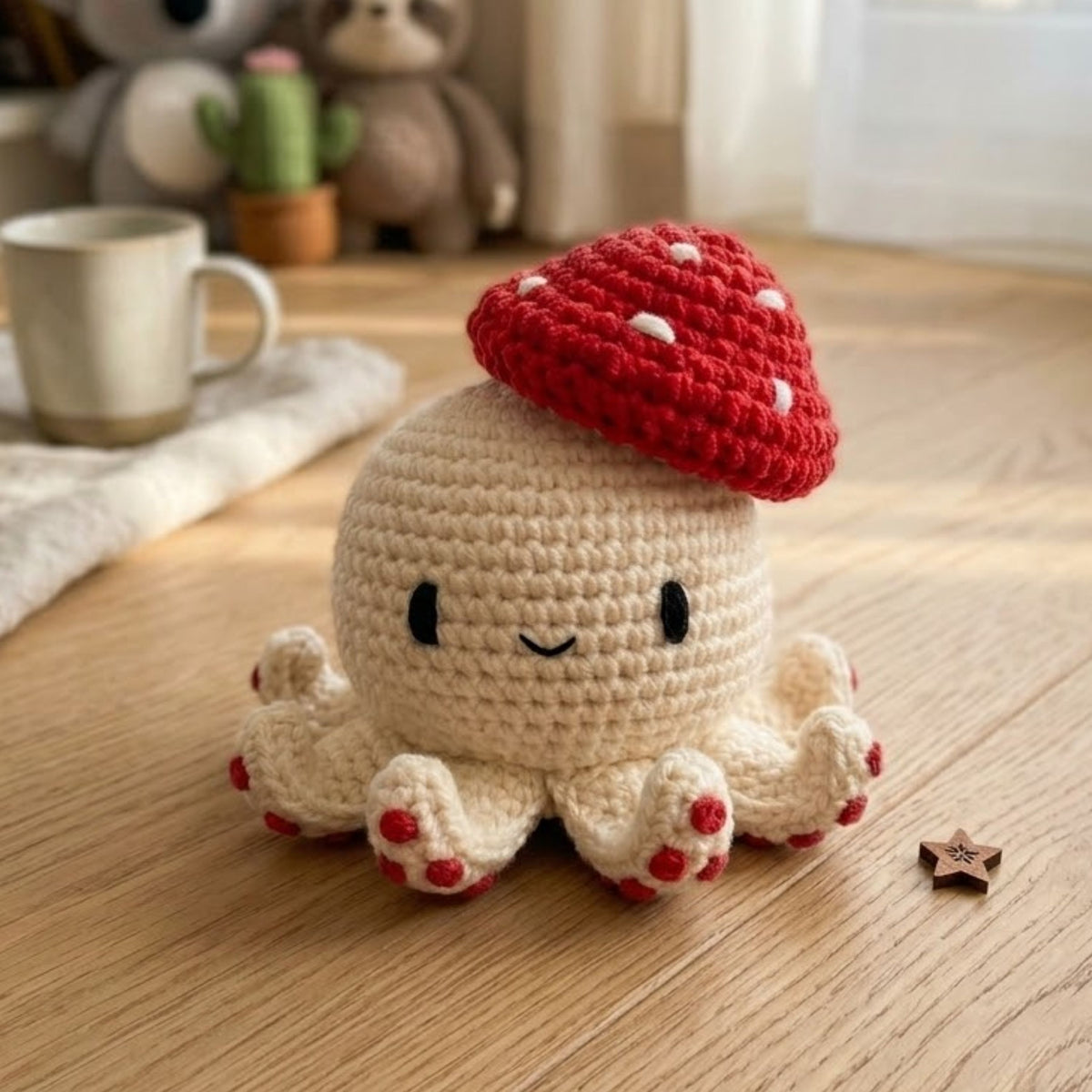 Cute Crochet Mushroom Octopus Plush, Handmade Amigurumi Toy, Kawaii Yarn Gift, Soft Decor Doll for Kids, Nursery, Collectors