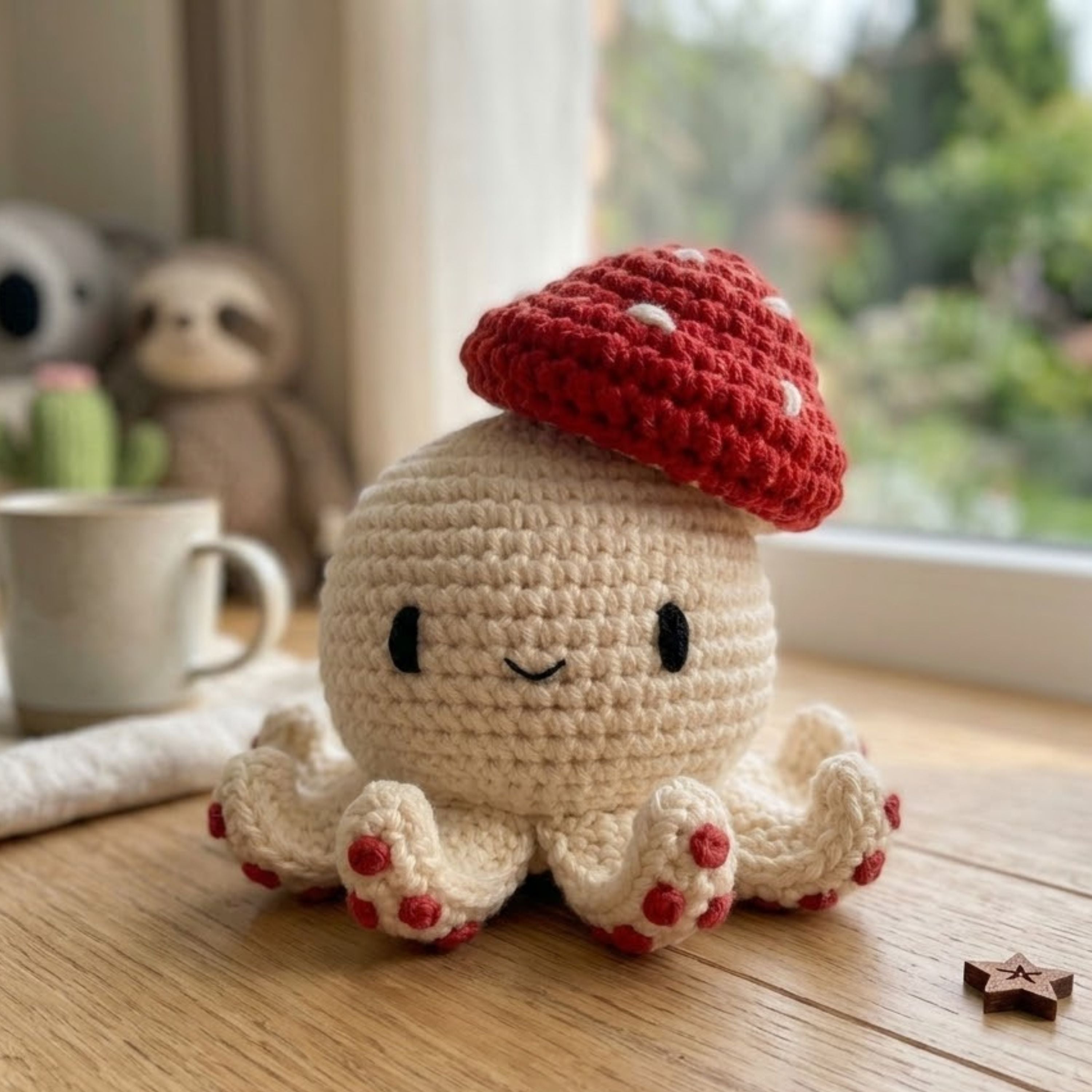 Cute Crochet Mushroom Octopus Plush, Handmade Amigurumi Toy, Kawaii Yarn Gift, Soft Decor Doll for Kids, Nursery, Collectors