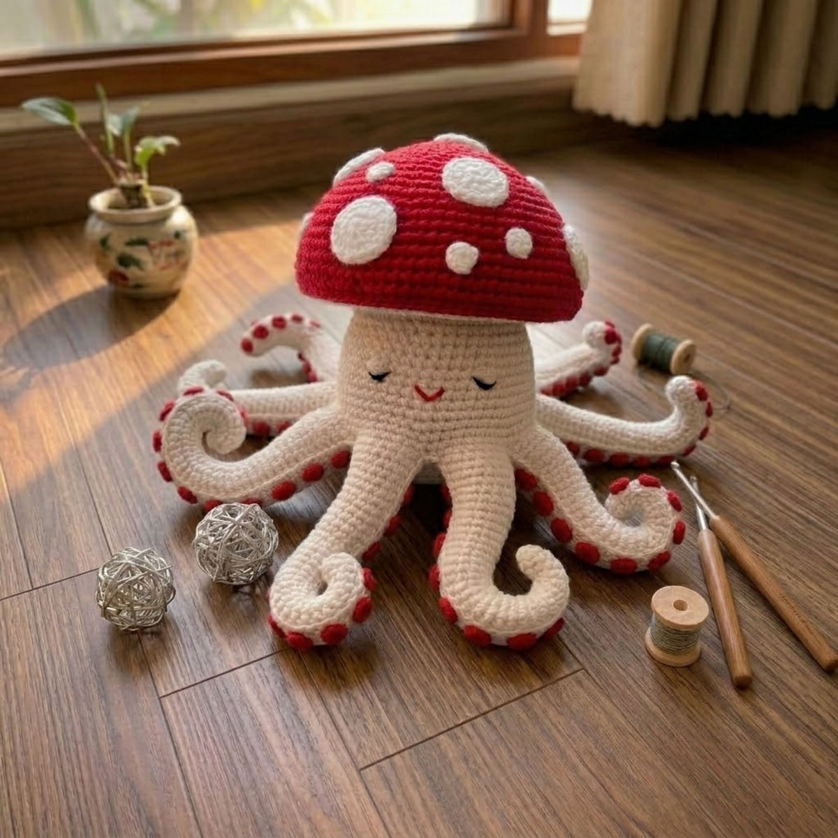 Crochet Mushroom Octopus Plush, Handmade Amigurumi Sea Animal Toy, Kawaii Yarn Decor Gift for Kids, Nursery, Collectors