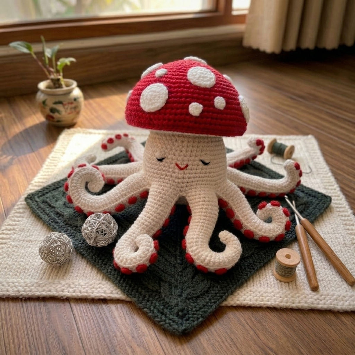 Crochet Mushroom Octopus Plush, Handmade Amigurumi Sea Animal Toy, Kawaii Yarn Decor Gift for Kids, Nursery, Collectors