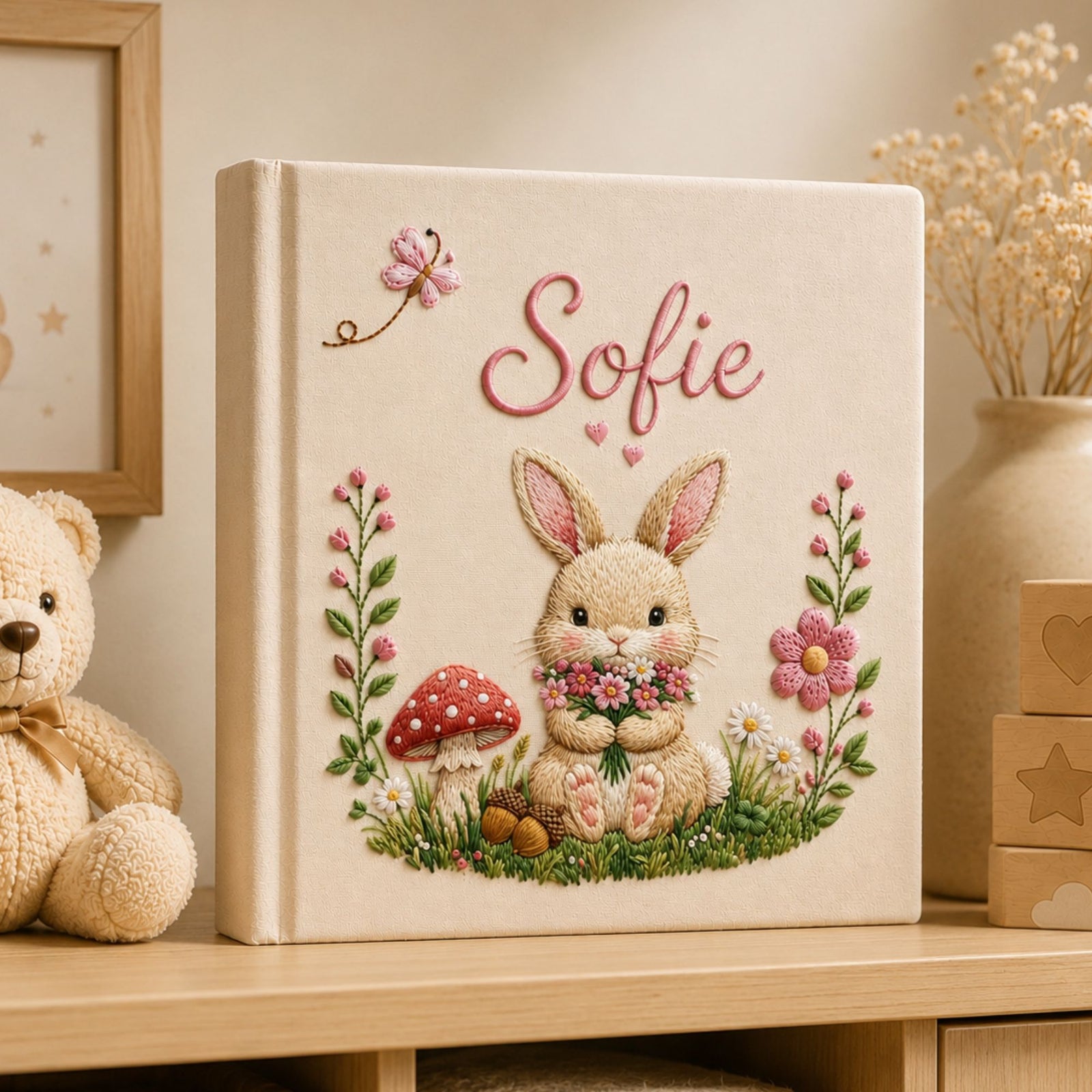 Custom Embroidered Floral Bunny Baby Photo Album, Woodland Bunny Baby Memory Book, Custom Newborn Keepsake Album, Baby Girl Shower Gift