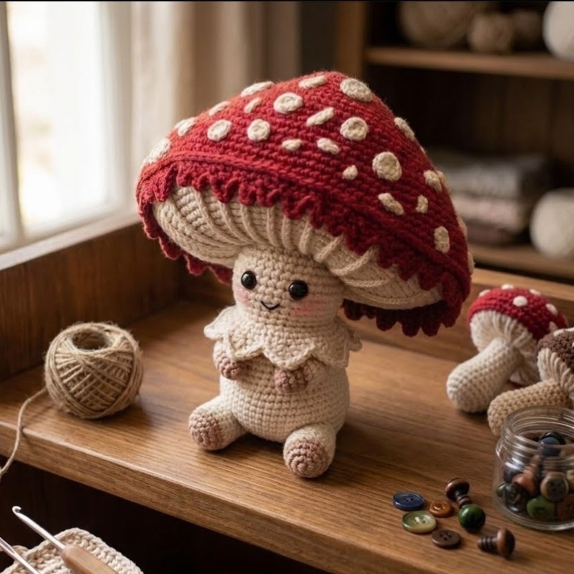 Handmade Crochet Mushroom Doll Plush, Cute Amigurumi Forest Toy, Kawaii Yarn Decor Gift for Kids, Nursery, Collectors Room