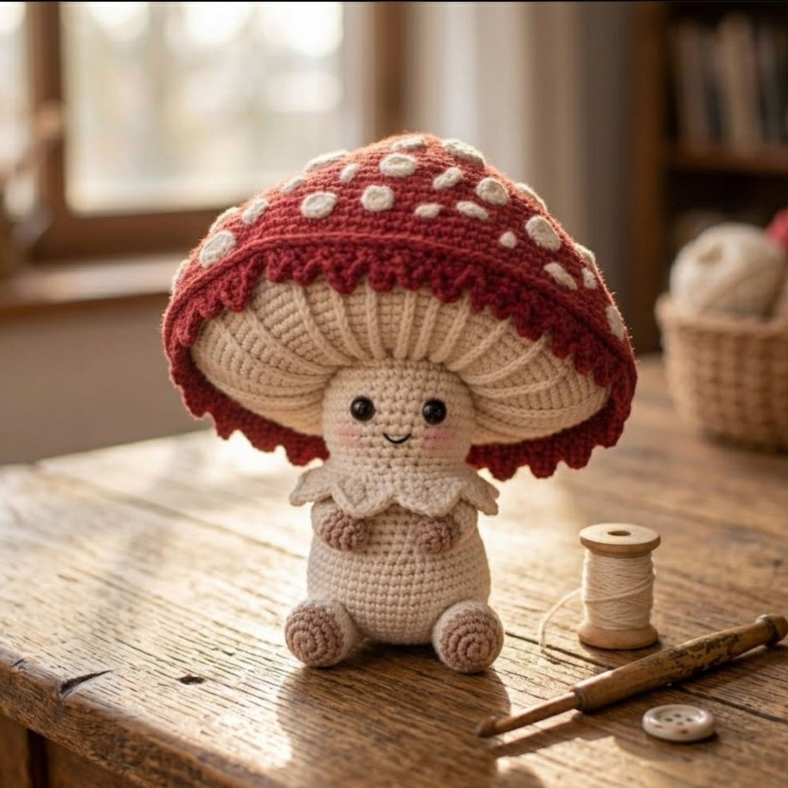 Handmade Crochet Mushroom Doll Plush, Cute Amigurumi Forest Toy, Kawaii Yarn Decor Gift for Kids, Nursery, Collectors Room