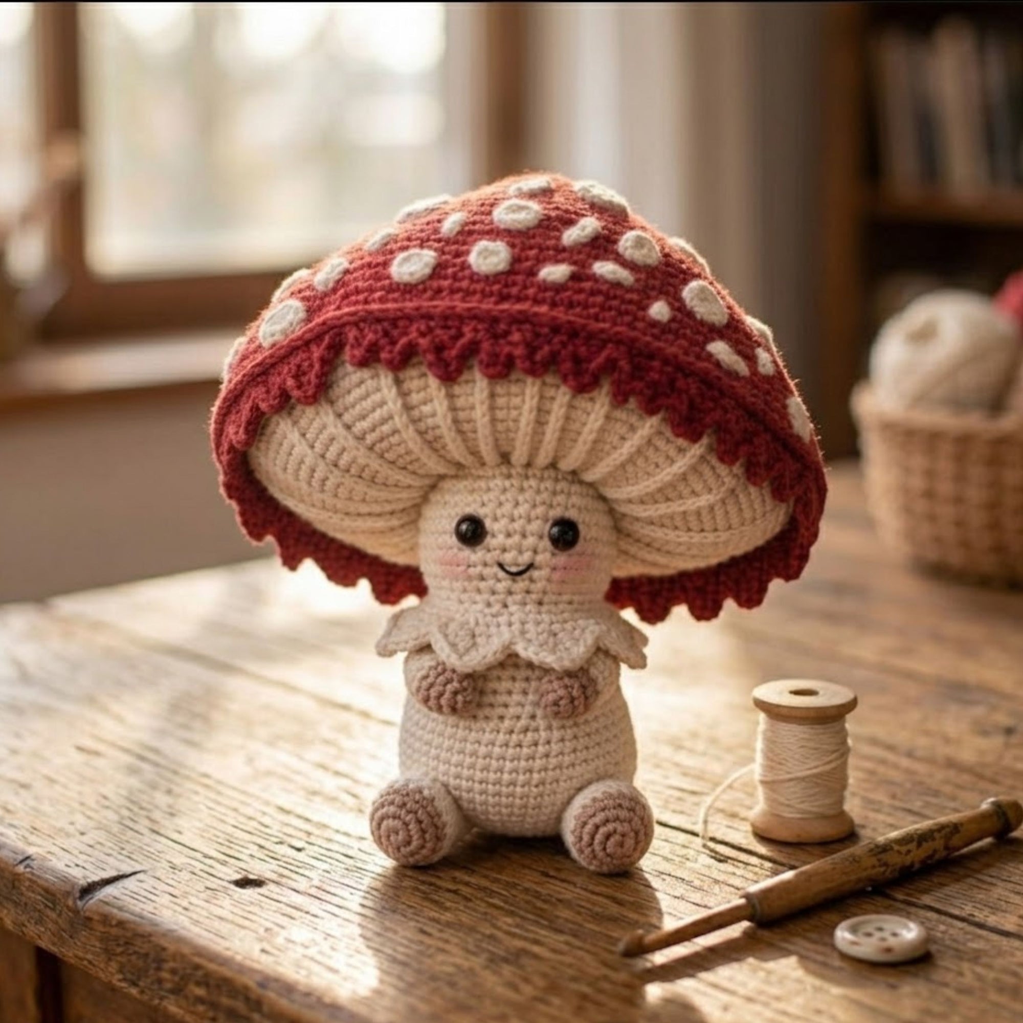 Handmade Crochet Mushroom Doll Plush, Cute Amigurumi Forest Toy, Kawaii Yarn Decor Gift for Kids, Nursery, Collectors Room