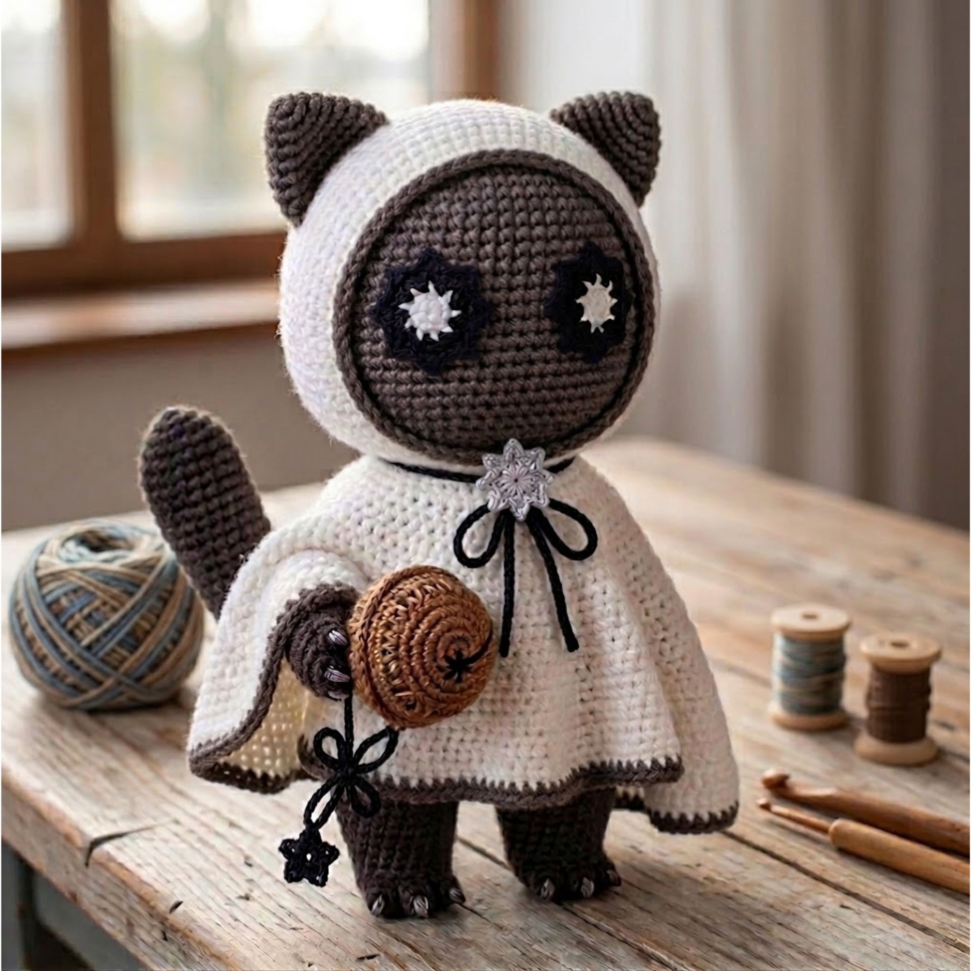 Handmade Crochet Cat Doll Plush, Kawaii Amigurumi Kitty in Hooded Cape, Soft Yarn Gift Toy for Kids, Collectors, Room Decor