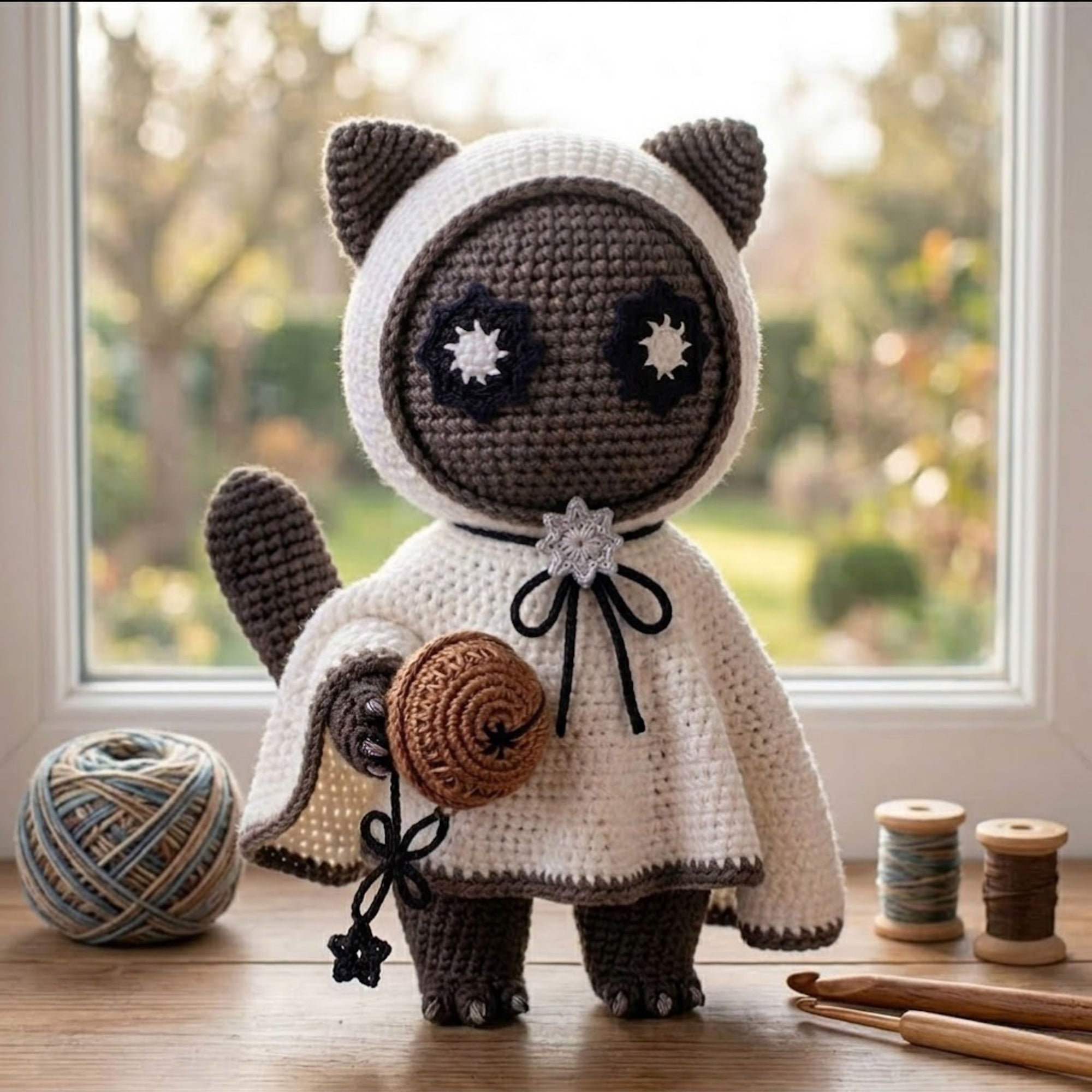 Handmade Crochet Cat Doll Plush, Kawaii Amigurumi Kitty in Hooded Cape, Soft Yarn Gift Toy for Kids, Collectors, Room Decor