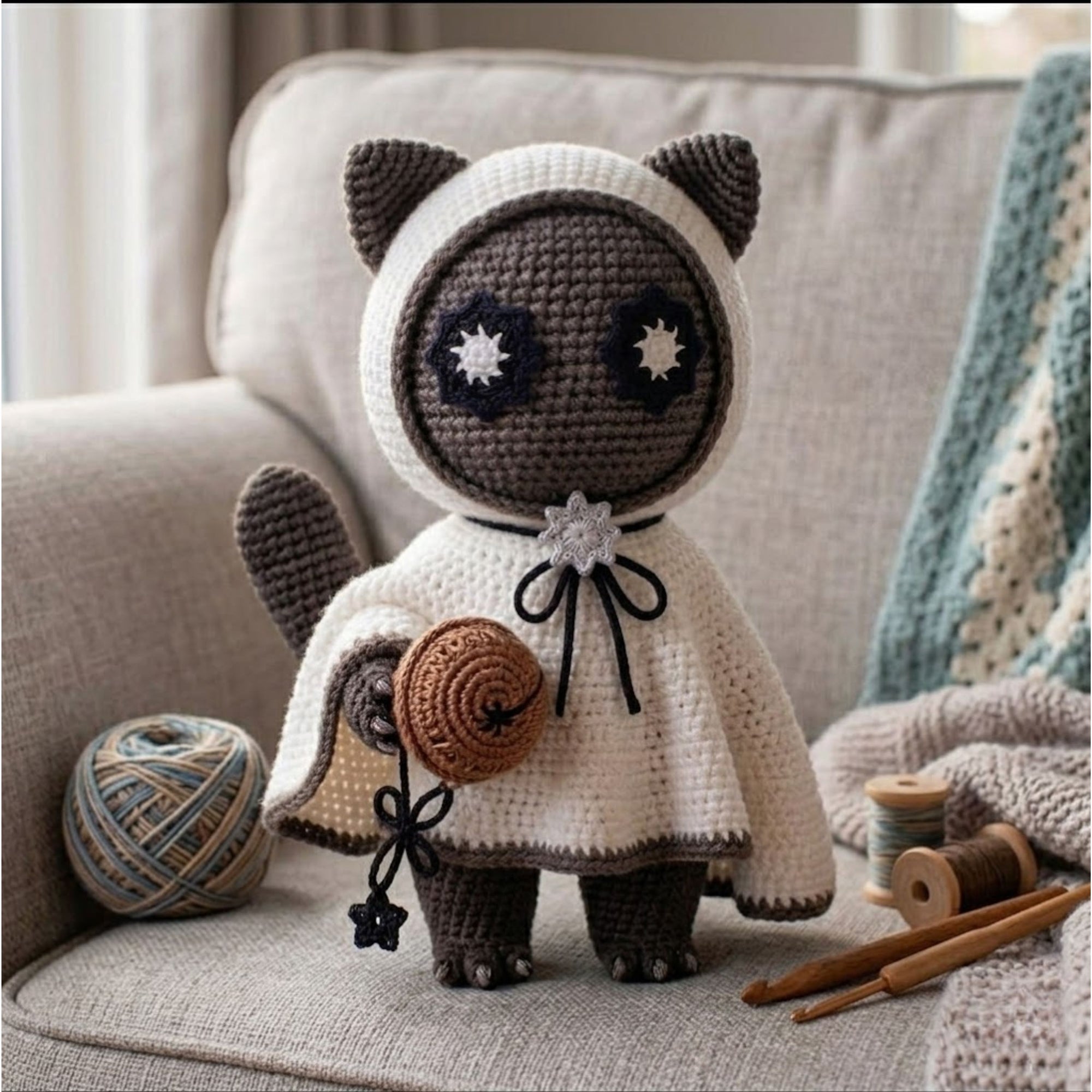 Handmade Crochet Cat Doll Plush, Kawaii Amigurumi Kitty in Hooded Cape, Soft Yarn Gift Toy for Kids, Collectors, Room Decor