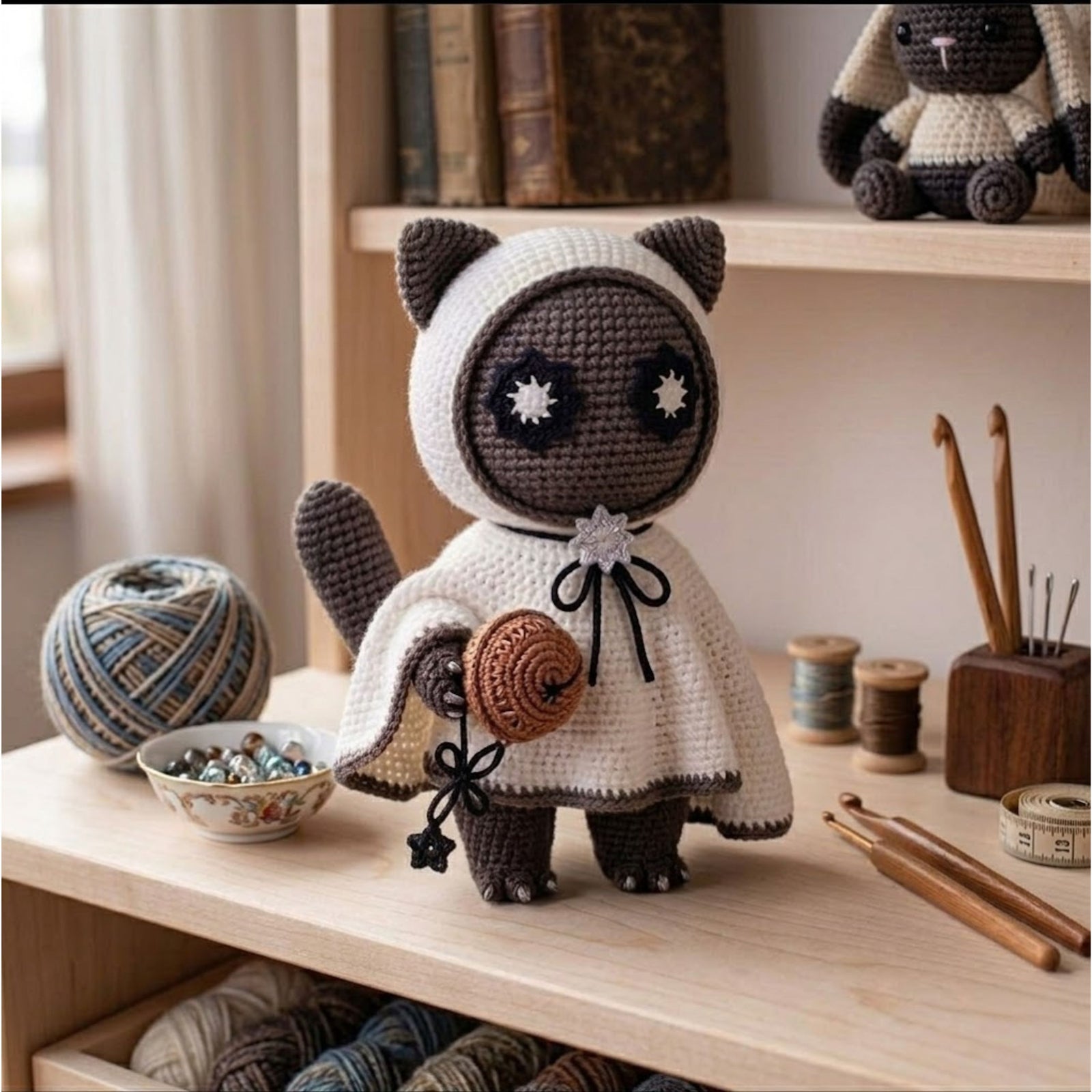 Handmade Crochet Cat Doll Plush, Kawaii Amigurumi Kitty in Hooded Cape, Soft Yarn Gift Toy for Kids, Collectors, Room Decor