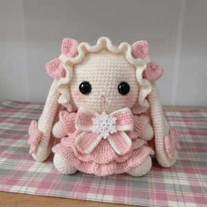 Handmade Crochet Bunny Doll Plush, Kawaii Amigurumi Rabbit in Pink Dress, Soft Yarn Gift Toy for Kids, Nursery, Room Decor