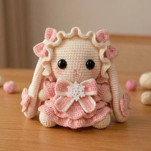 Handmade Crochet Bunny Doll Plush, Kawaii Amigurumi Rabbit in Pink Dress, Soft Yarn Gift Toy for Kids, Nursery, Room Decor