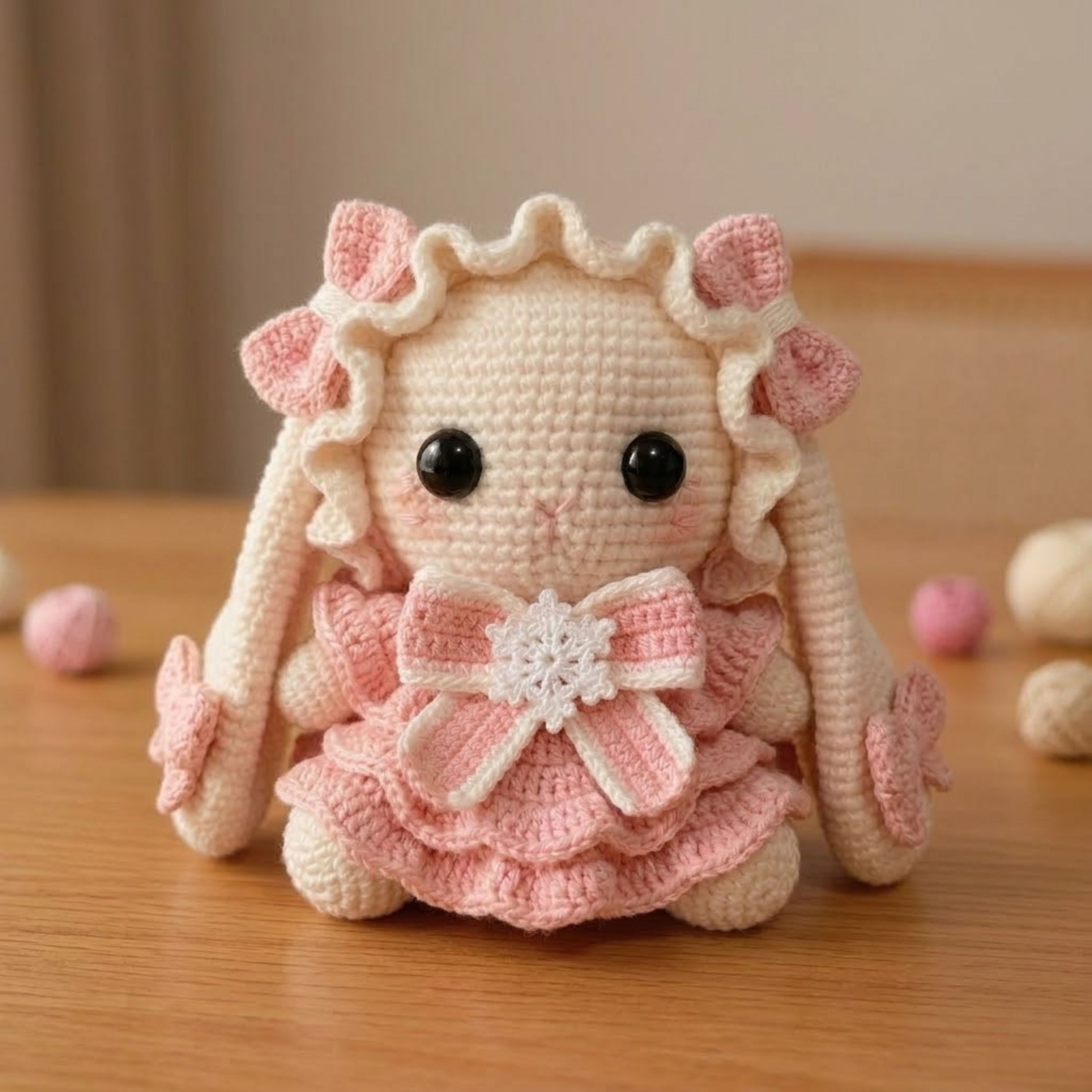 Handmade Crochet Bunny Doll Plush, Kawaii Amigurumi Rabbit in Pink Dress, Soft Yarn Gift Toy for Kids, Nursery, Room Decor