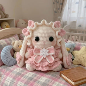 Handmade Crochet Bunny Doll Plush, Kawaii Amigurumi Rabbit in Pink Dress, Soft Yarn Gift Toy for Kids, Nursery, Room Decor