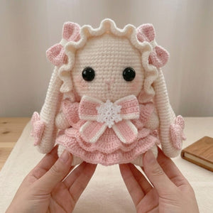 Handmade Crochet Bunny Doll Plush, Kawaii Amigurumi Rabbit in Pink Dress, Soft Yarn Gift Toy for Kids, Nursery, Room Decor