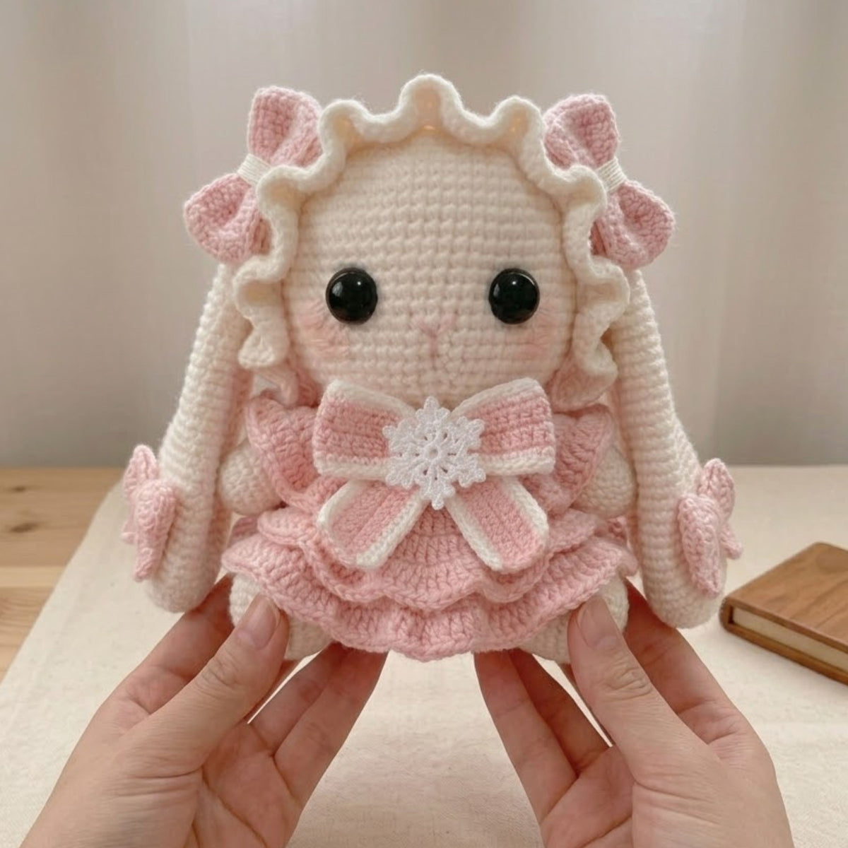 Handmade Crochet Bunny Doll Plush, Kawaii Amigurumi Rabbit in Pink Dress, Soft Yarn Gift Toy for Kids, Nursery, Room Decor