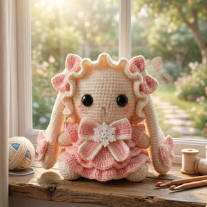 Handmade Crochet Bunny Doll Plush, Kawaii Amigurumi Rabbit in Pink Dress, Soft Yarn Gift Toy for Kids, Nursery, Room Decor