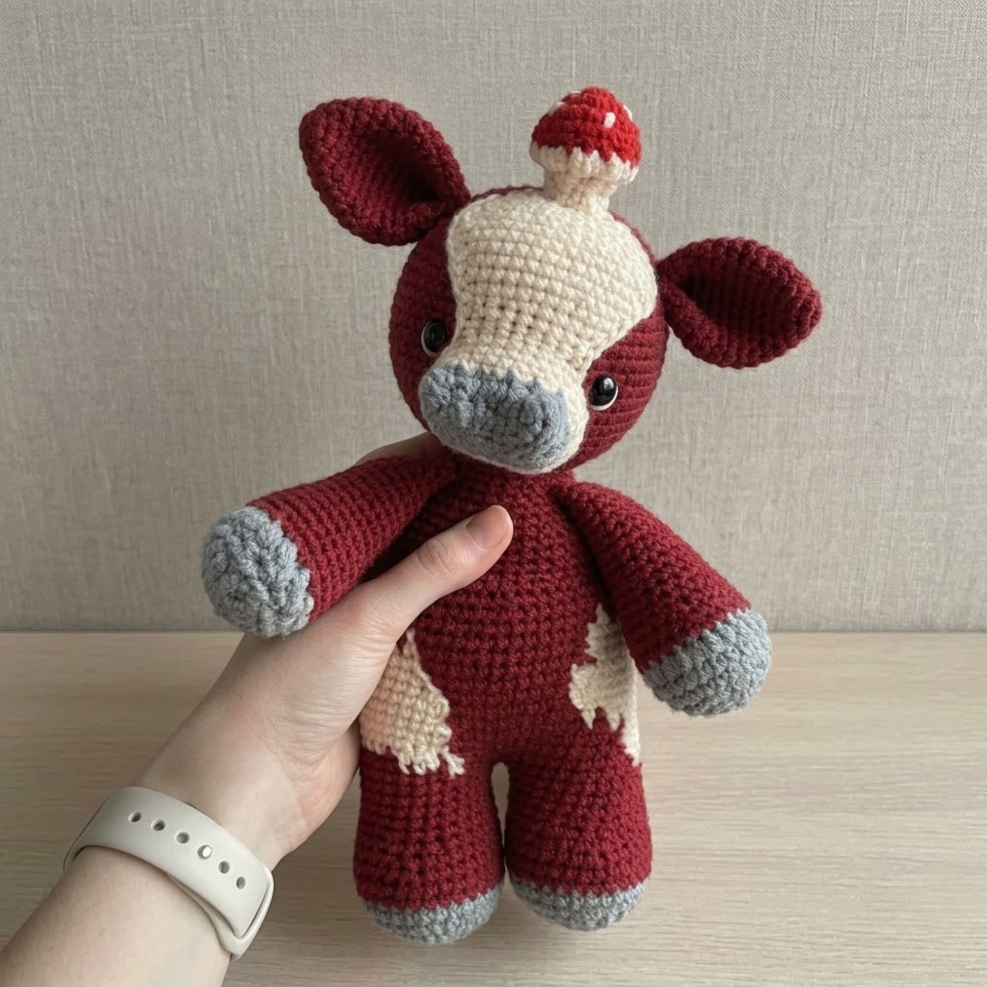 Handmade Crochet Cow Plush, Amigurumi Farm Animal Doll with Tiny Mushroom Hat, Soft Yarn Gift Toy for Kids, Nursery, Room Decor