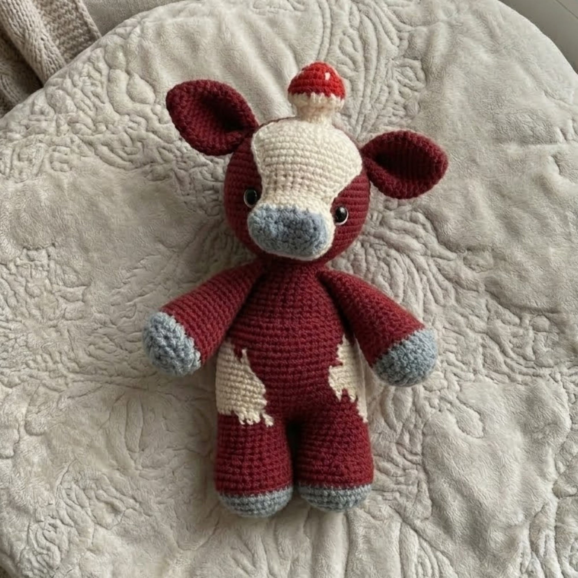 Handmade Crochet Cow Plush, Amigurumi Farm Animal Doll with Tiny Mushroom Hat, Soft Yarn Gift Toy for Kids, Nursery, Room Decor