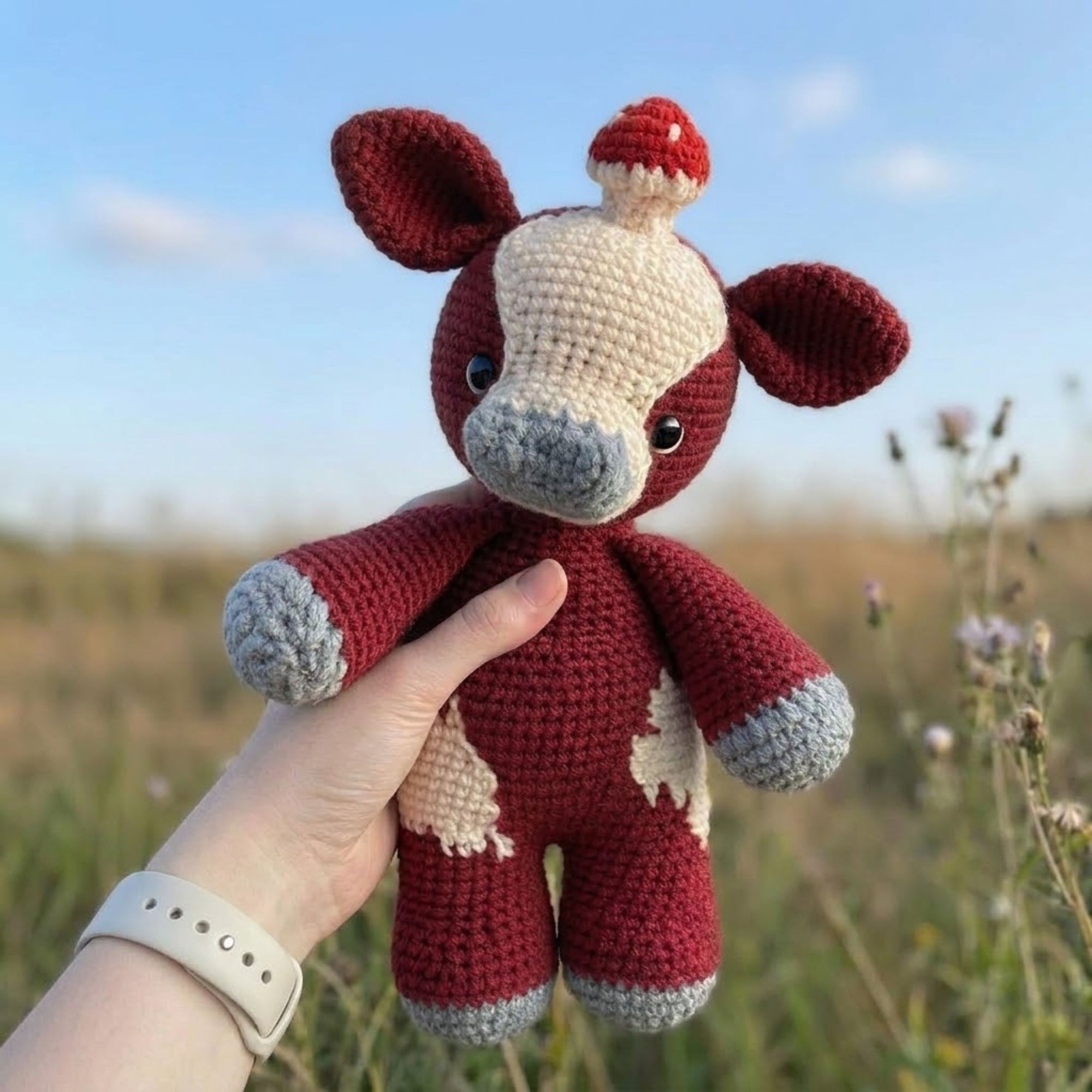 Handmade Crochet Cow Plush, Amigurumi Farm Animal Doll with Tiny Mushroom Hat, Soft Yarn Gift Toy for Kids, Nursery, Room Decor