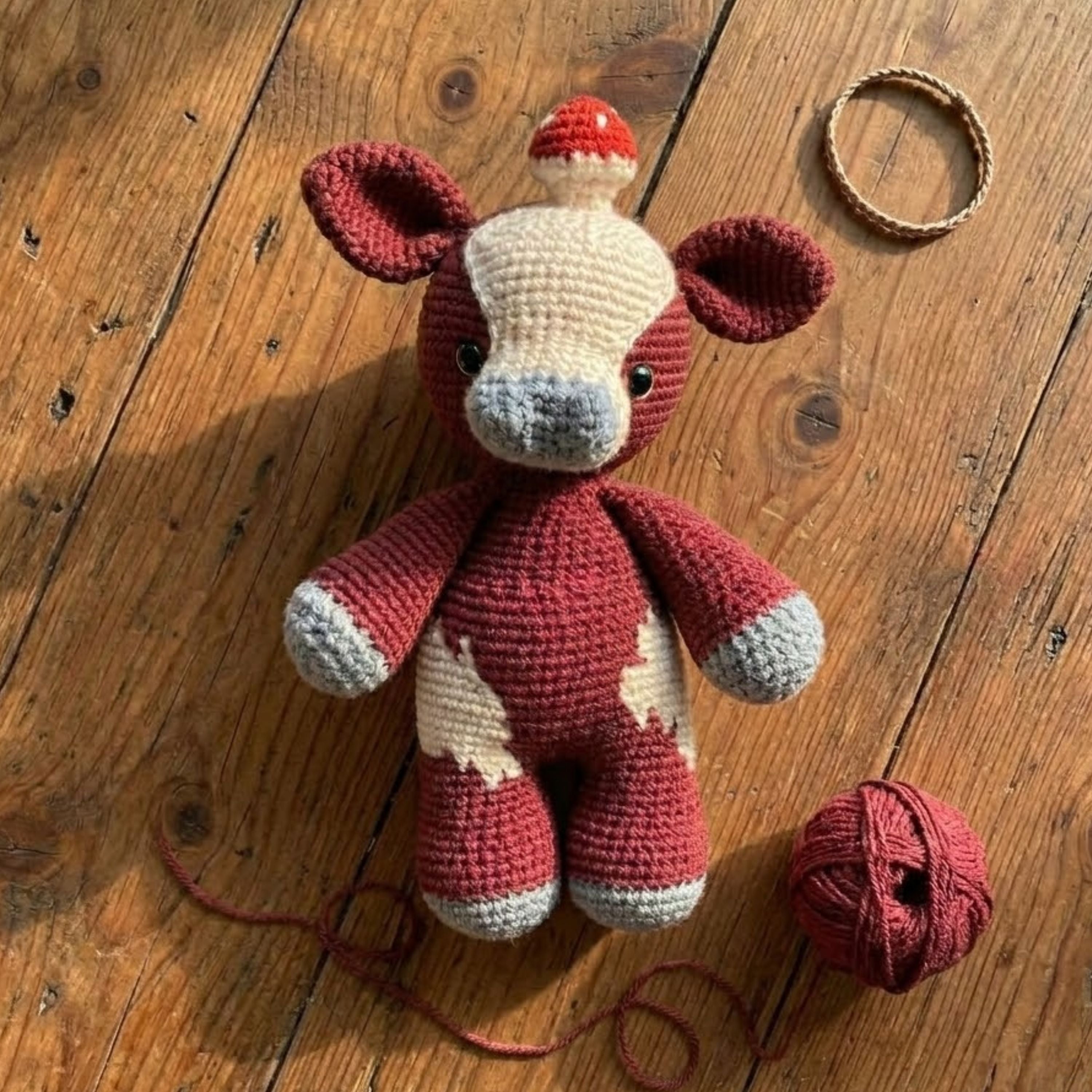 Handmade Crochet Cow Plush, Amigurumi Farm Animal Doll with Tiny Mushroom Hat, Soft Yarn Gift Toy for Kids, Nursery, Room Decor