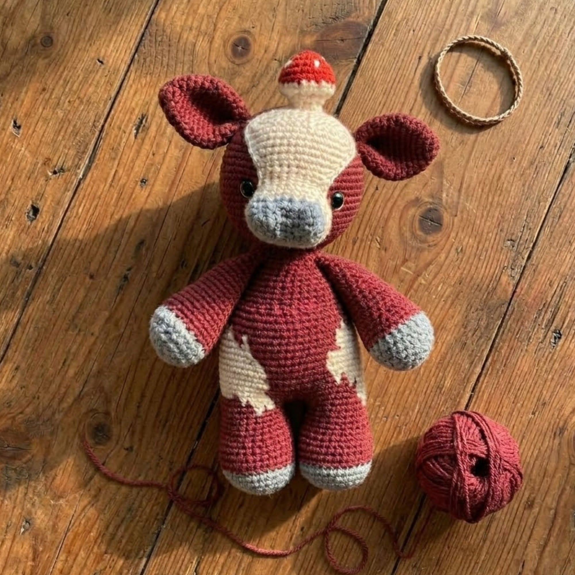 Handmade Crochet Cow Plush, Amigurumi Farm Animal Doll with Tiny Mushroom Hat, Soft Yarn Gift Toy for Kids, Nursery, Room Decor
