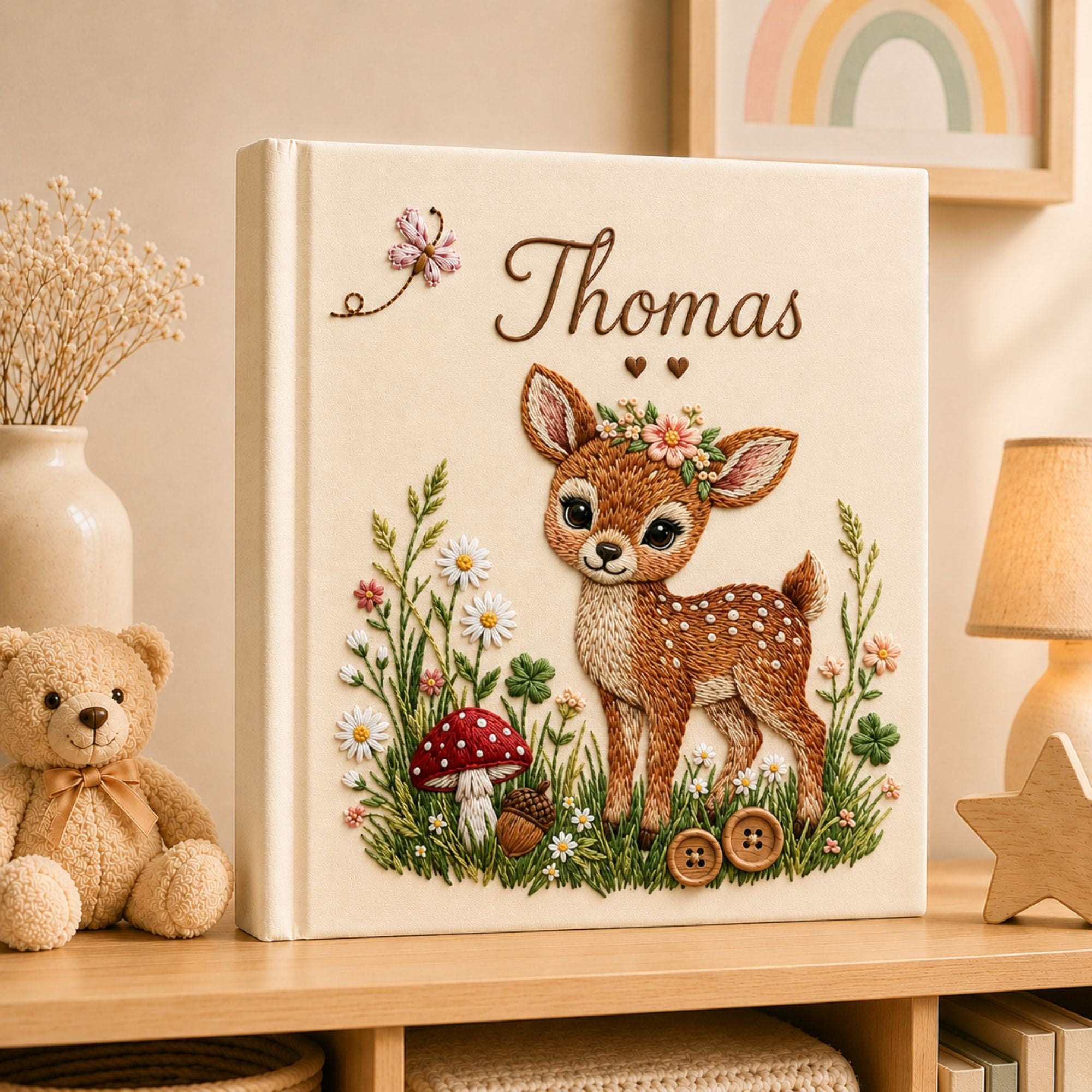 Personalized Embroidered Floral Deer Baby Girl Photo Album, Custom Name Deer Woodland Nursery Keepsake Memory Book, Baby Shower Gift