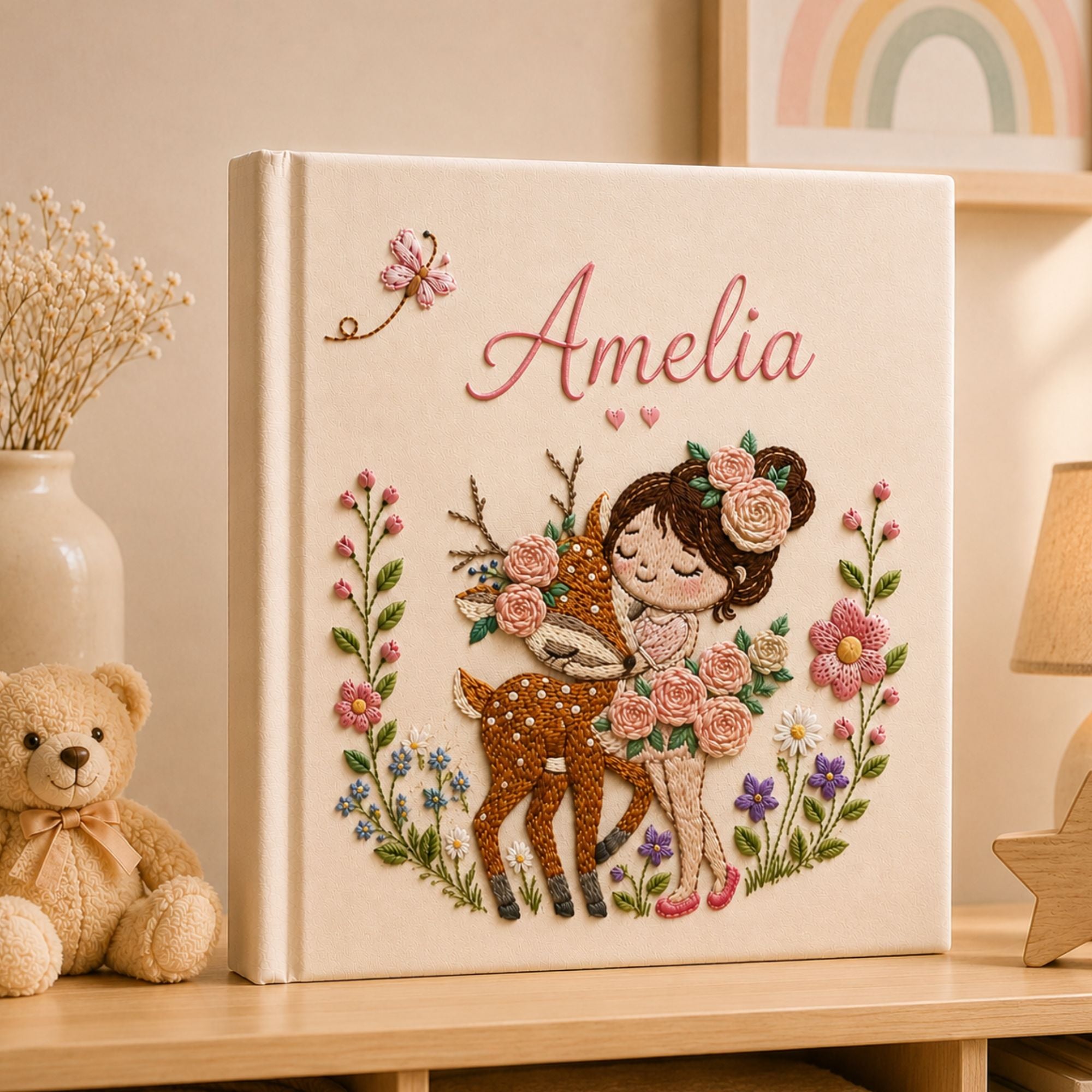 Personalized Embroidered Girl with Deer Baby Girl Photo Album, Custom Name Deer Woodland Nursery Keepsake Memory Book, Baby Shower Gift