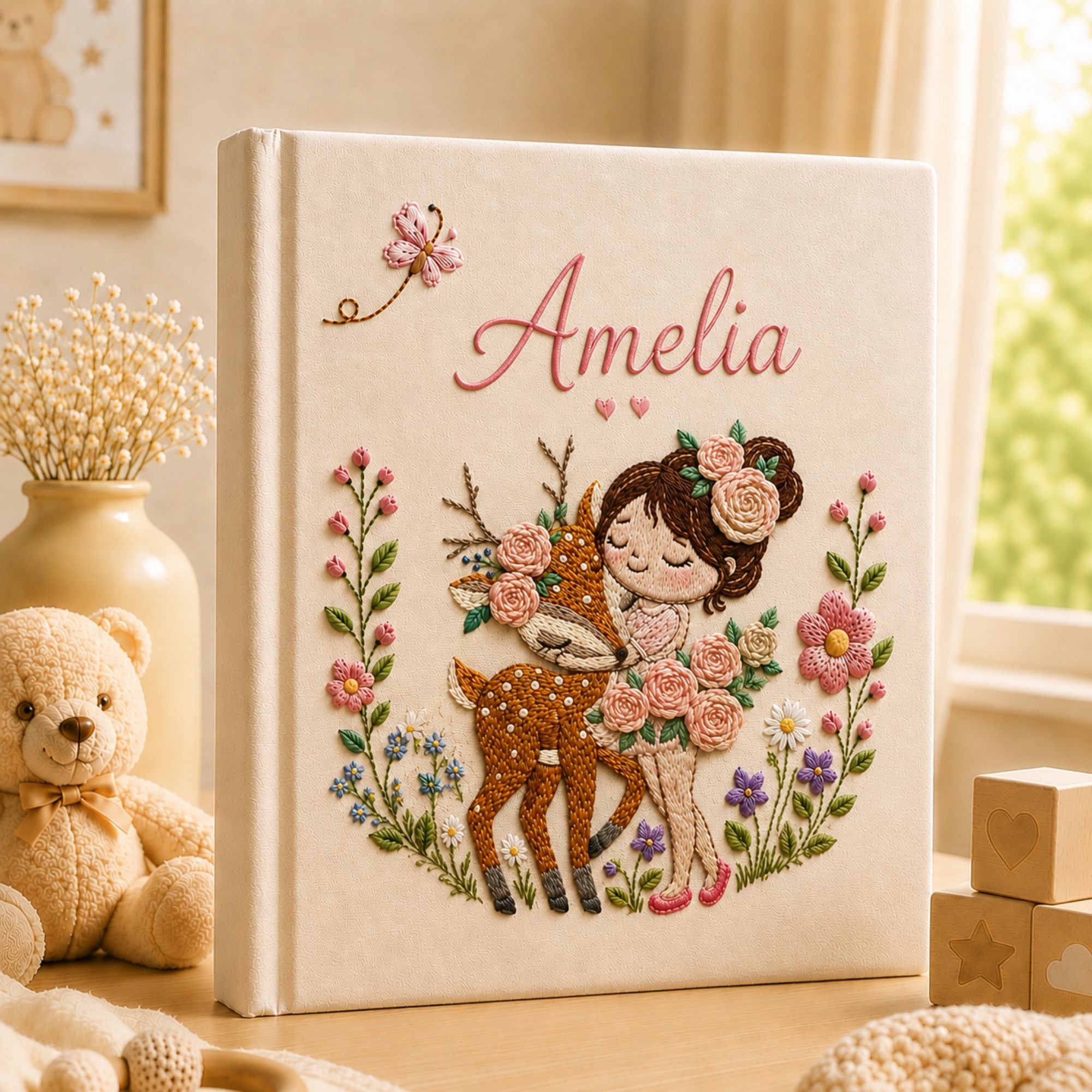 Personalized Embroidered Girl with Deer Baby Girl Photo Album, Custom Name Deer Woodland Nursery Keepsake Memory Book, Baby Shower Gift