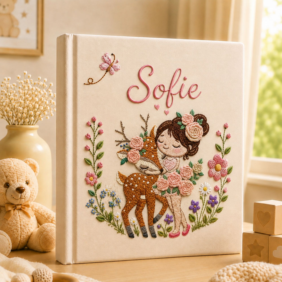 Personalized Embroidered Girl with Deer Baby Girl Photo Album, Custom Name Deer Woodland Nursery Keepsake Memory Book, Baby Shower Gift