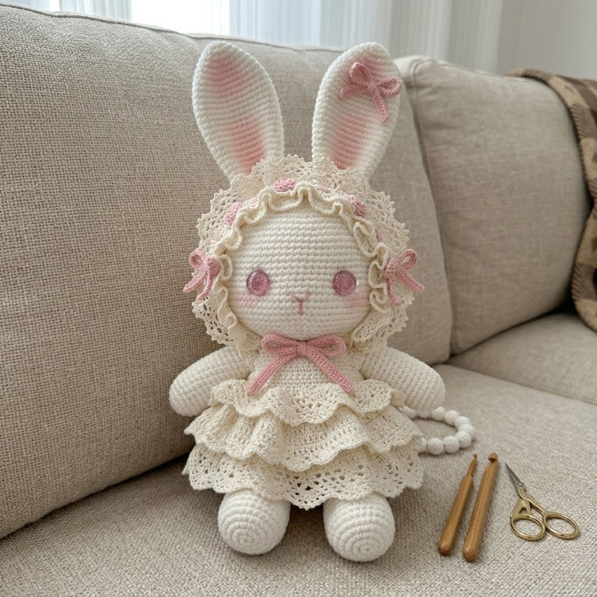 Handmade Crochet Bunny Doll Plush, Amigurumi Rabbit in Lace Dress, Kawaii Yarn Gift Toy for Kids, Nursery, Room Decor Decor